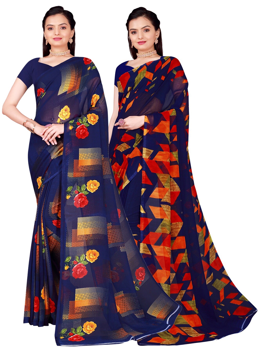 

SAADHVI Pack of 2 Navy Blue & Orange Pure Georgette Sarees