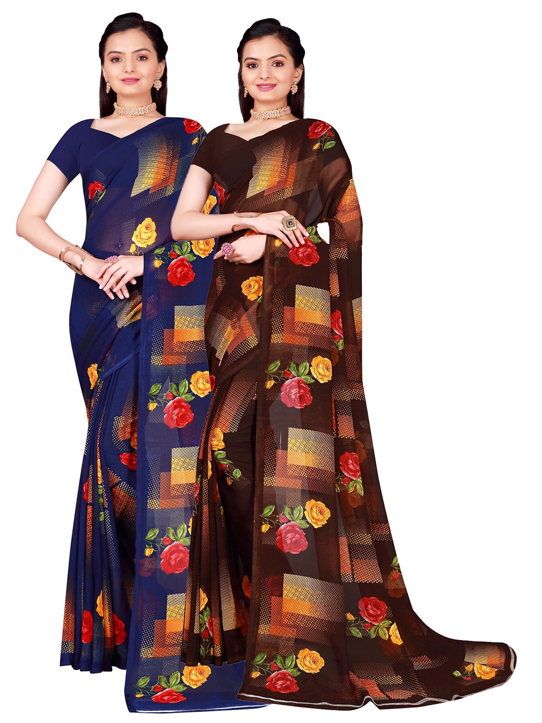 

SAADHVI Pack of 2 Printed Pure Georgette Sarees, Brown