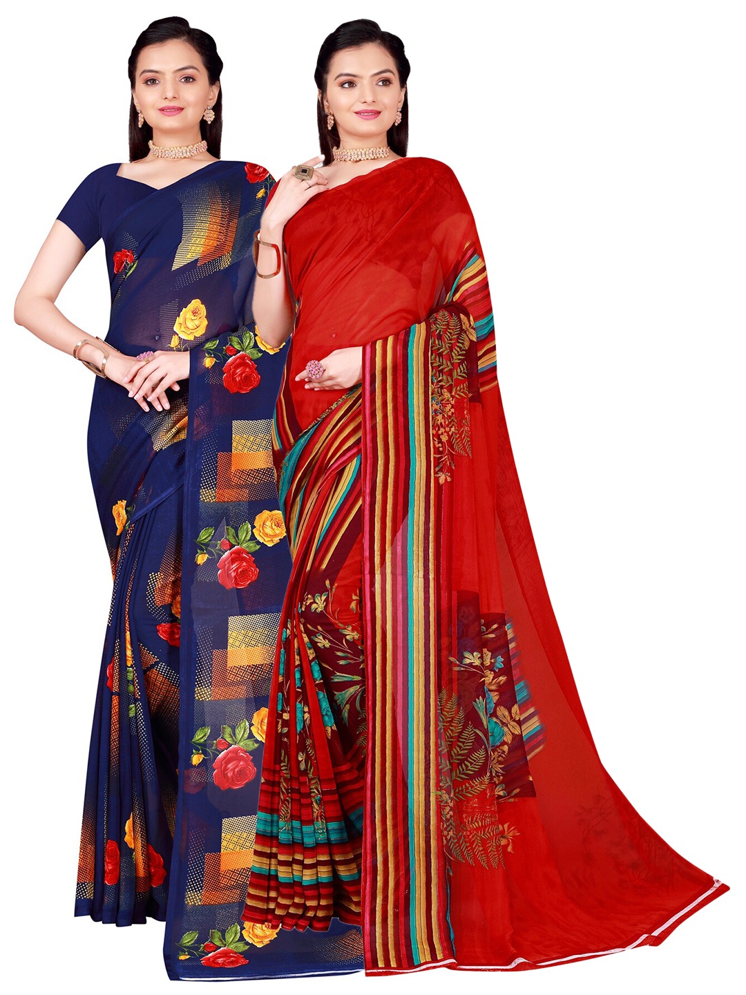 

SAADHVI Pack Of 2 Navy Blue & Red Floral Pure Georgette Saree