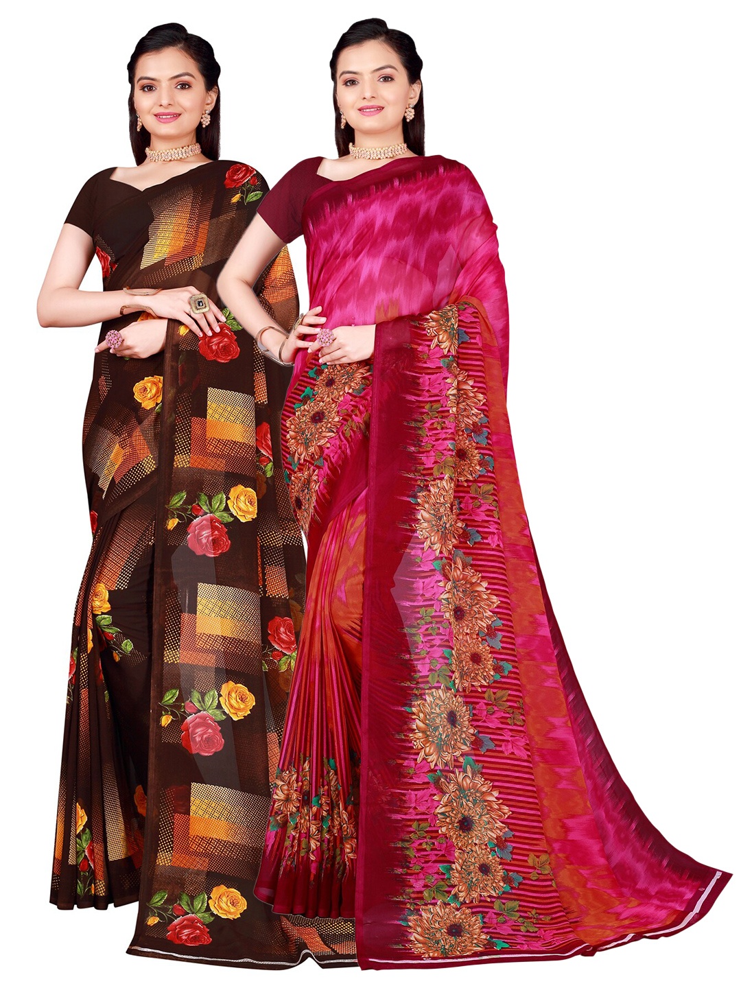 

SAADHVI Pack of 2 Brown & Pink Pure Georgette Sarees
