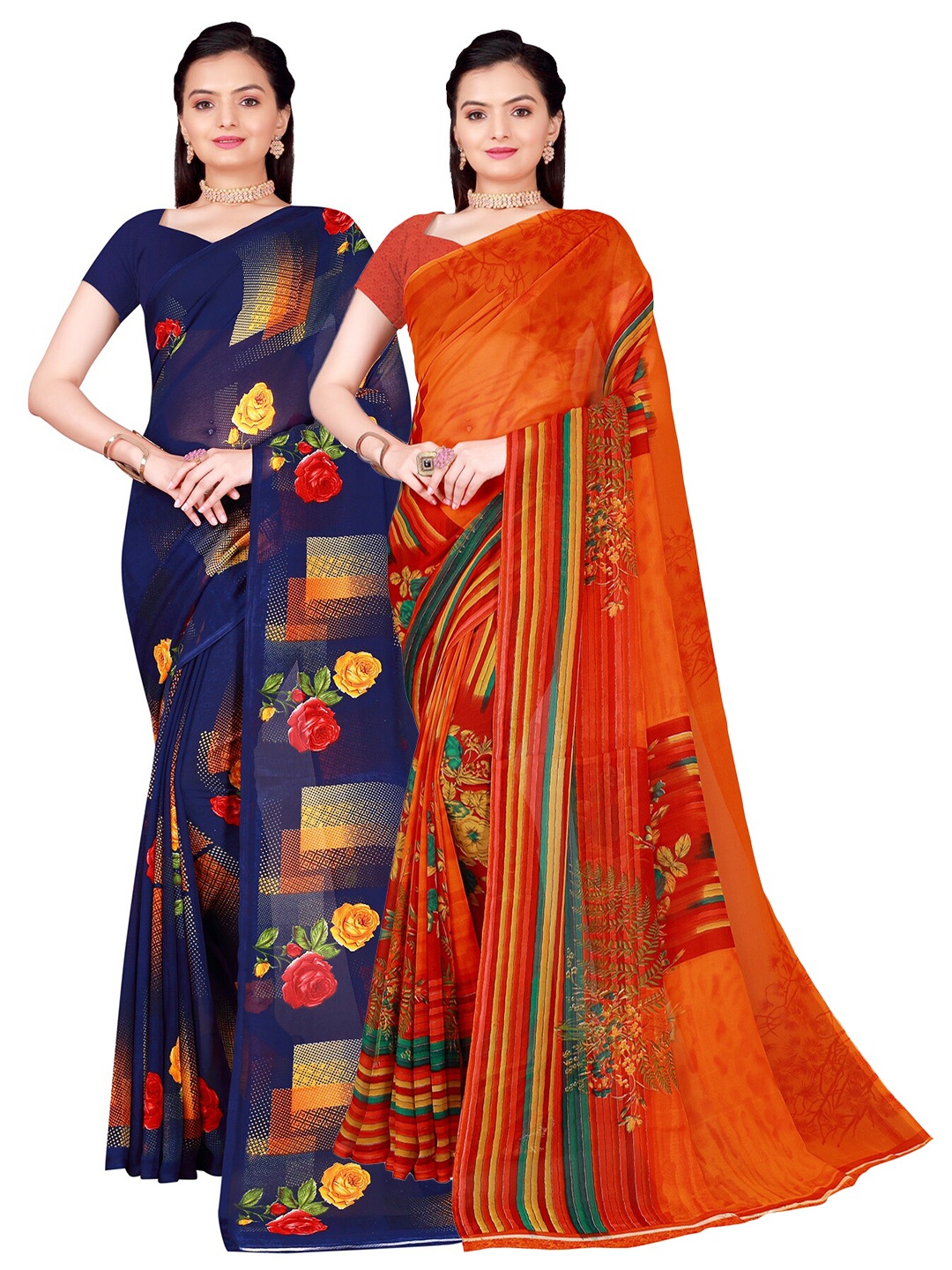 

SAADHVI Pack Of 2 Navy Blue & Orange Floral Pure Georgette Saree