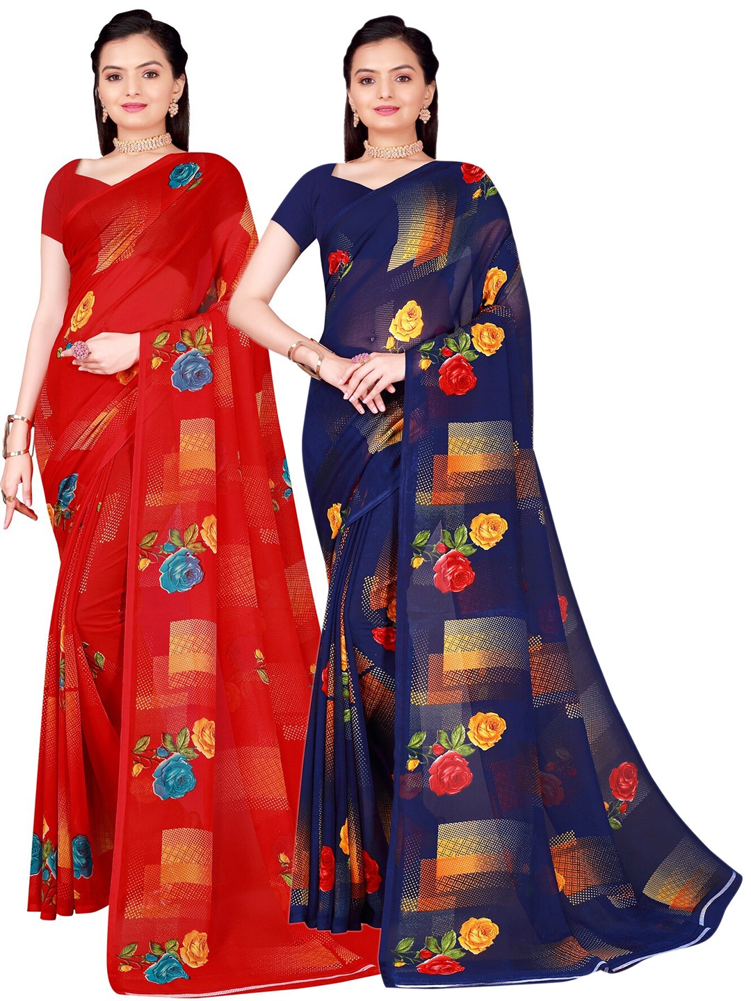 

SAADHVI Navy Blue & Red Set Of 2 Floral Printed Pure Georgette Saree