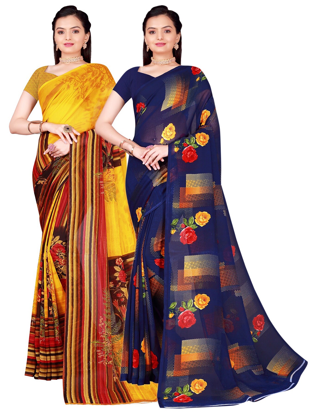 SAADHVI Pack Of 2 Navy Blue & Yellow Floral Pure Georgette Saree