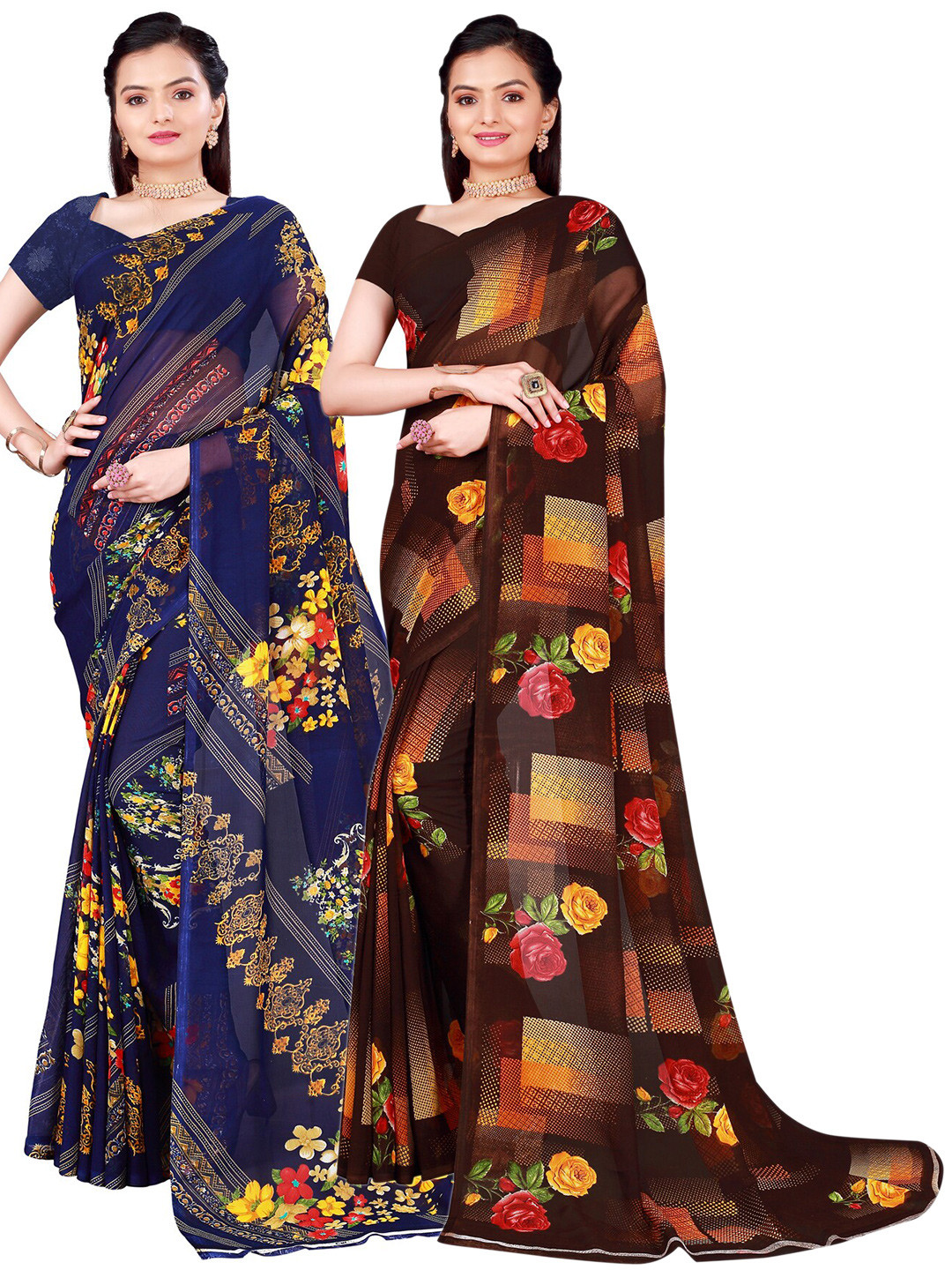 

SAADHVI Pack Of 2 Brown & Navy Blue Floral Pure Georgette Saree