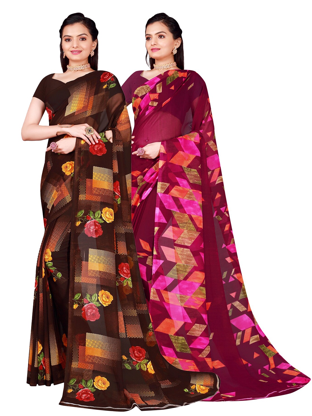SAADHVI Brown & Burgundy Pure Georgette Saree Pack Of 2