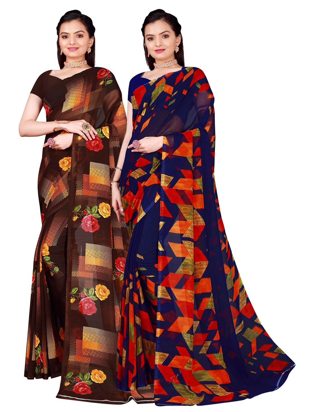 

SAADHVI Pack of 2 Brown & Navy Blue Pure Georgette Sarees