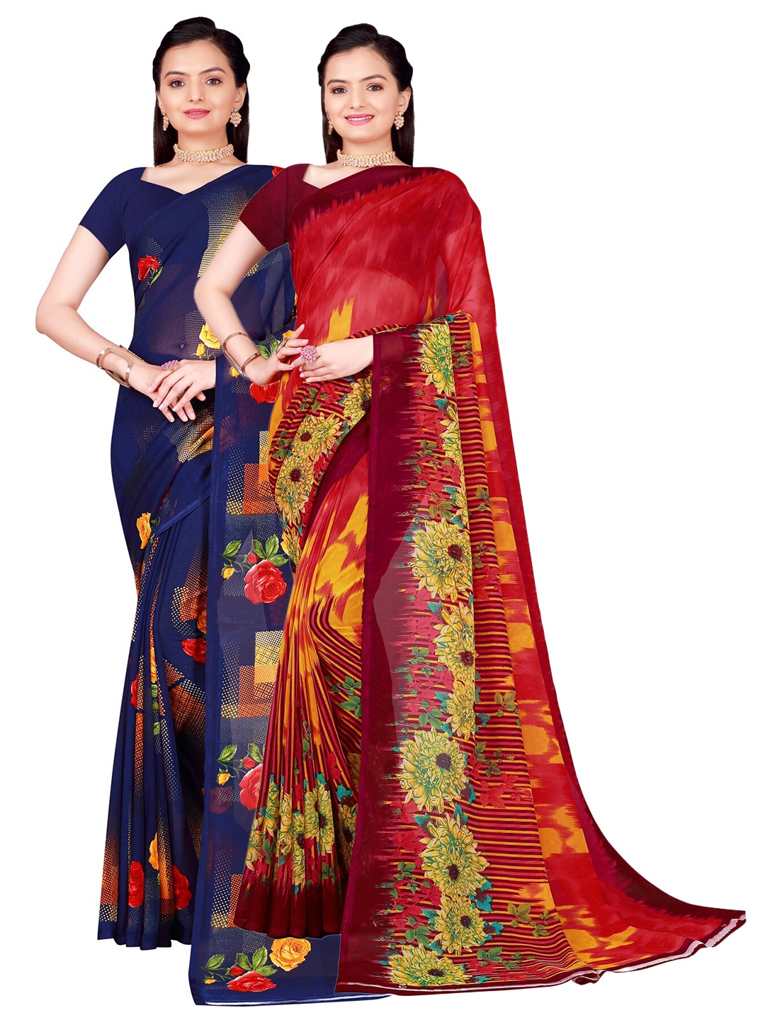 

SAADHVI Pack Of 2 Navy Blue & Maroon Floral Pure Georgette Saree
