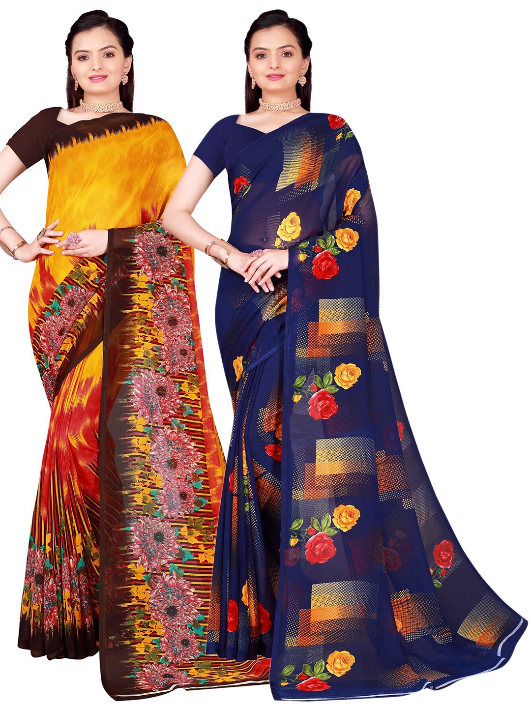 

SAADHVI Pack Of 2 Navy Blue & Brown Floral Pure Georgette Saree