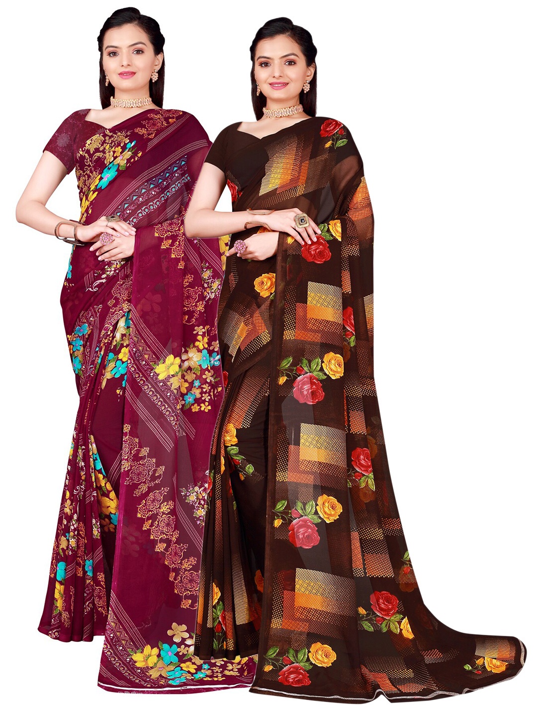SAADHVI Pack of 2 Printed Pure Georgette Sarees, Brown