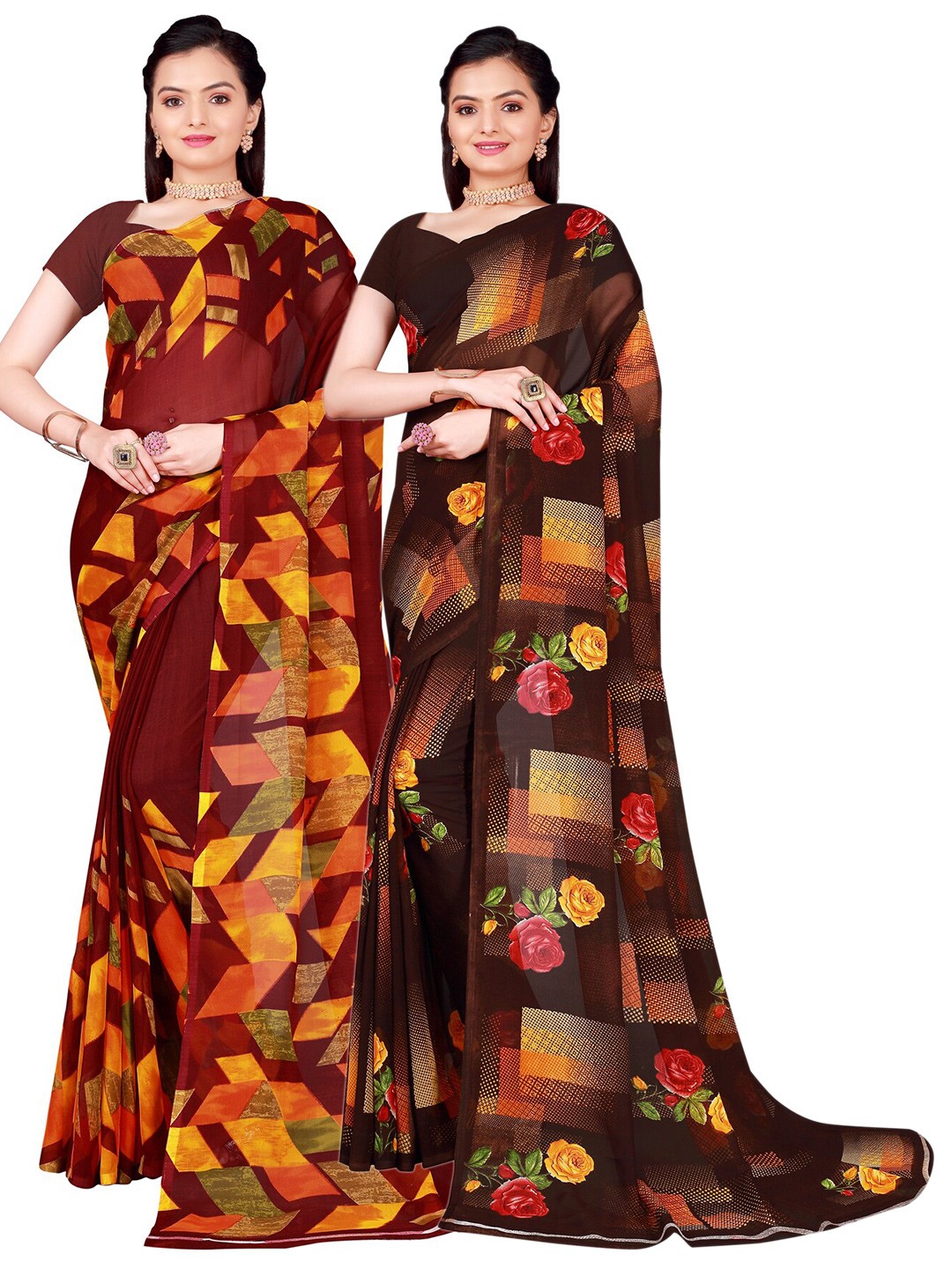 

SAADHVI Pack of 2 Printed Pure Georgette Sarees, Brown