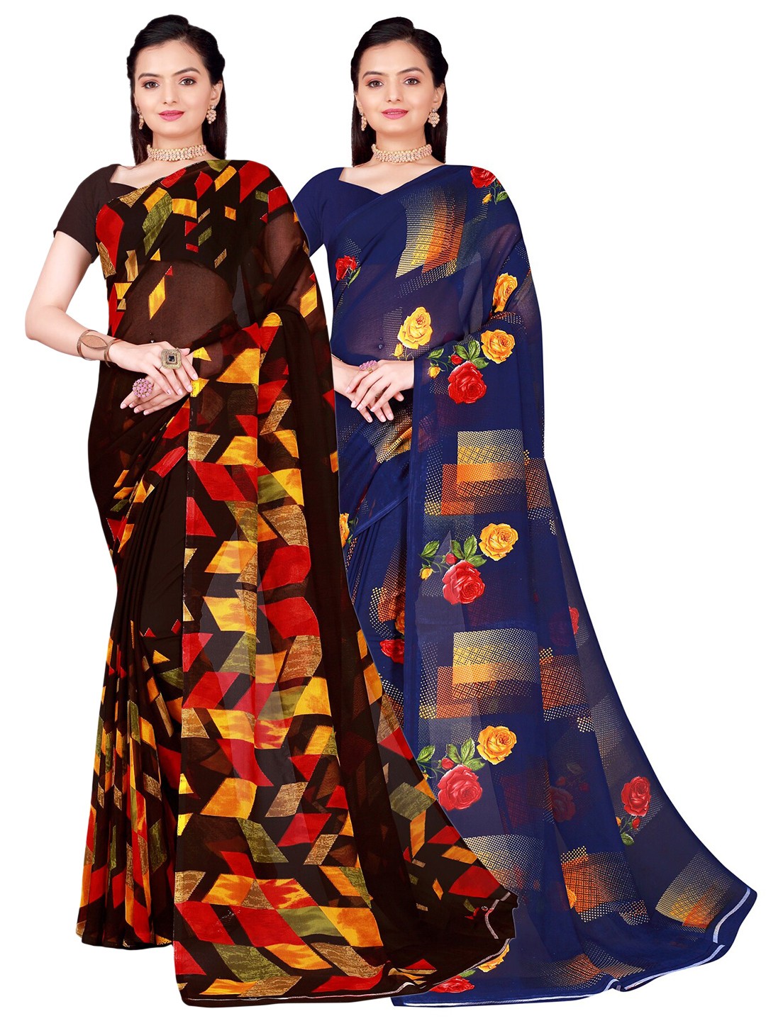 

SAADHVI Navy Blue & Brown Set Of 2 Pure Georgette Saree