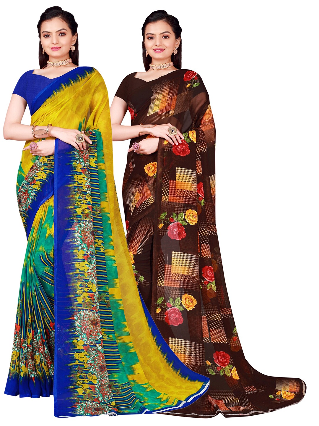 

SAADHVI Brown & Blue Set Of 2 Floral Printed Pure Georgette Saree
