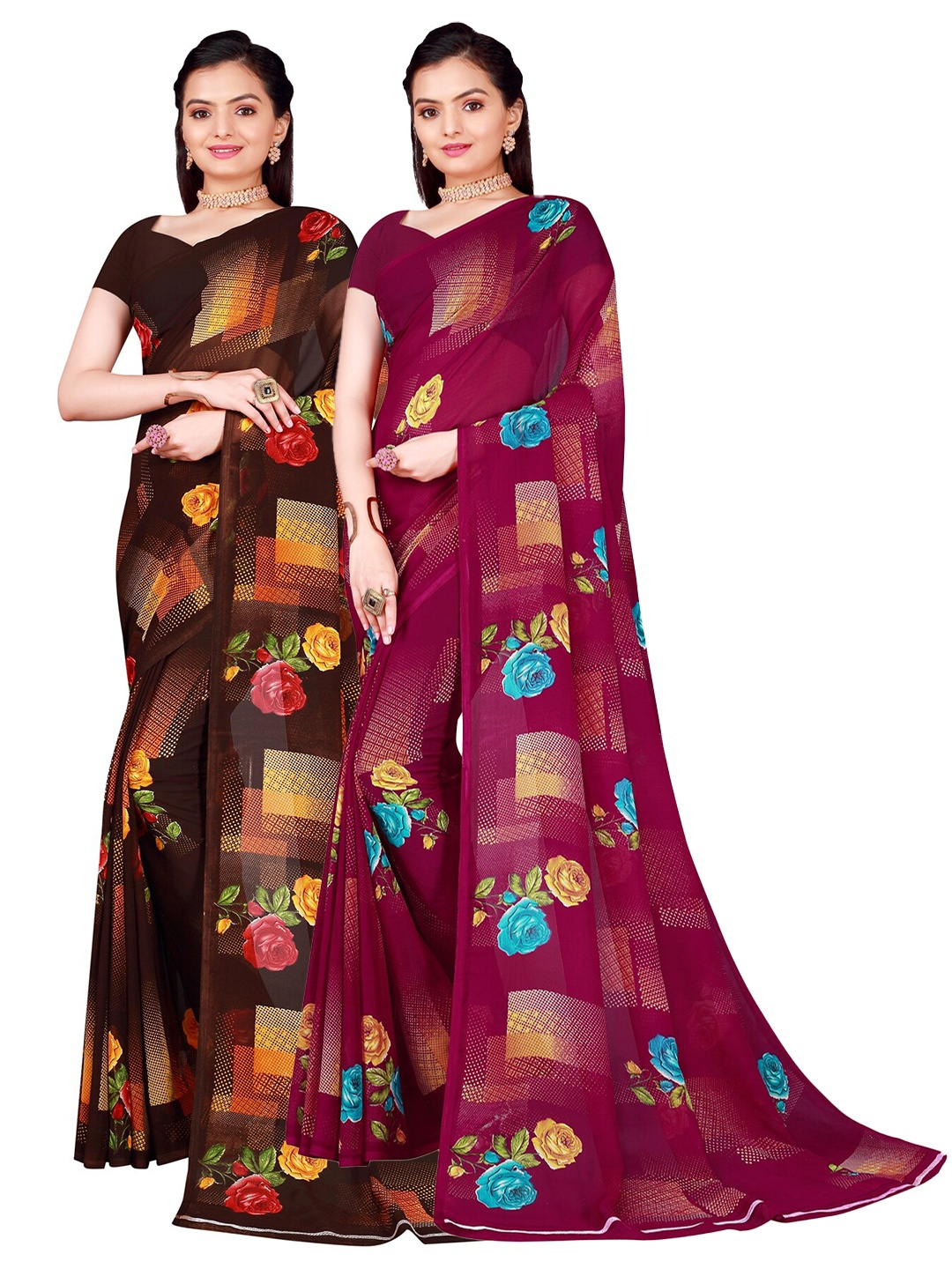

SAADHVI Brown & Burgundy Set of 2 Floral Printed Pure Georgette Saree