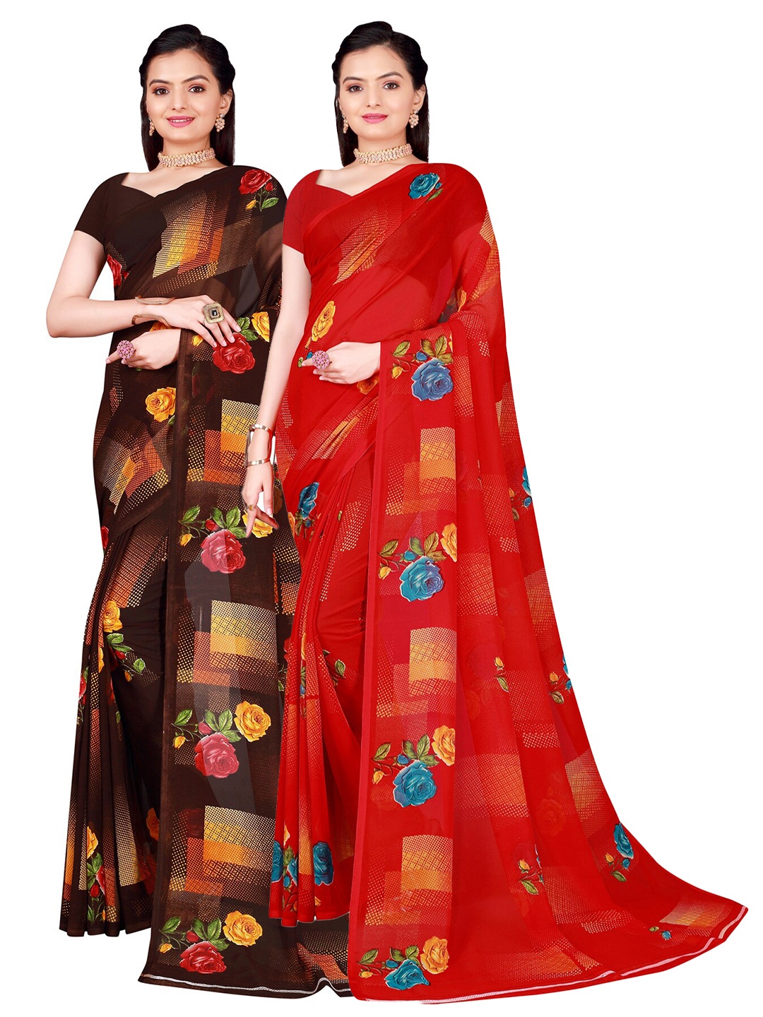 

SAADHVI Pack of 2 Printed Pure Georgette Sarees, Brown