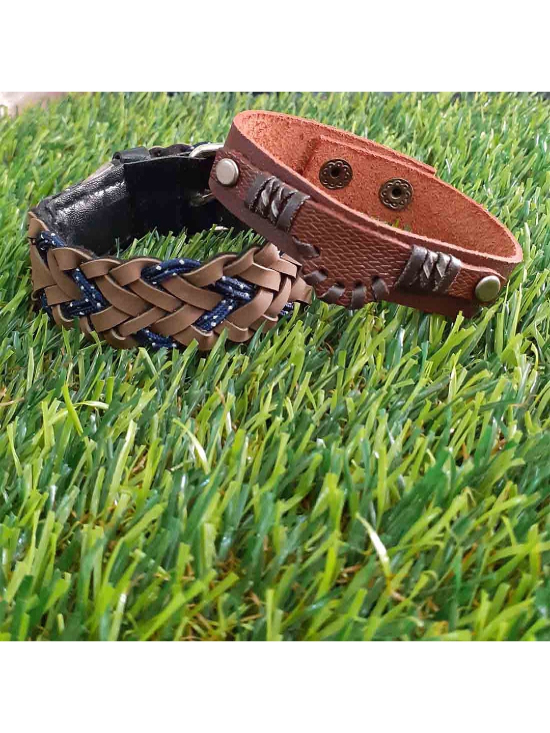 

RICH AND FAMOUS Men Set Of 2 Blue & Brown Leather Wraparound Bracelet