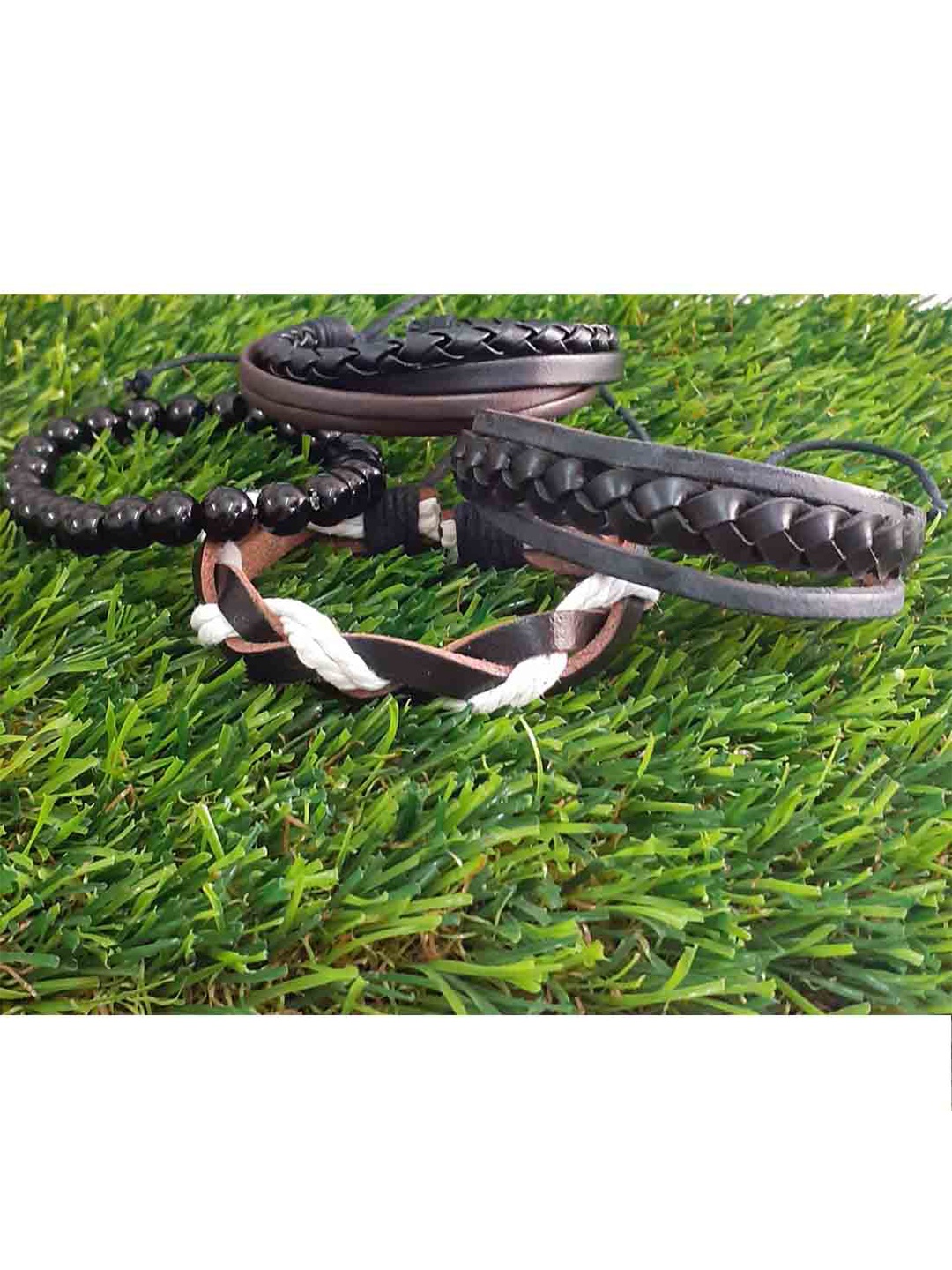 

RICH AND FAMOUS Men Set Of 4 Black & White Leather Wraparound Bracelet