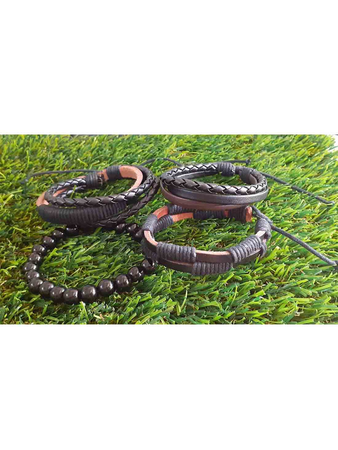 

RICH AND FAMOUS Men Set Of 4 Black & Grey Leather Bracelet