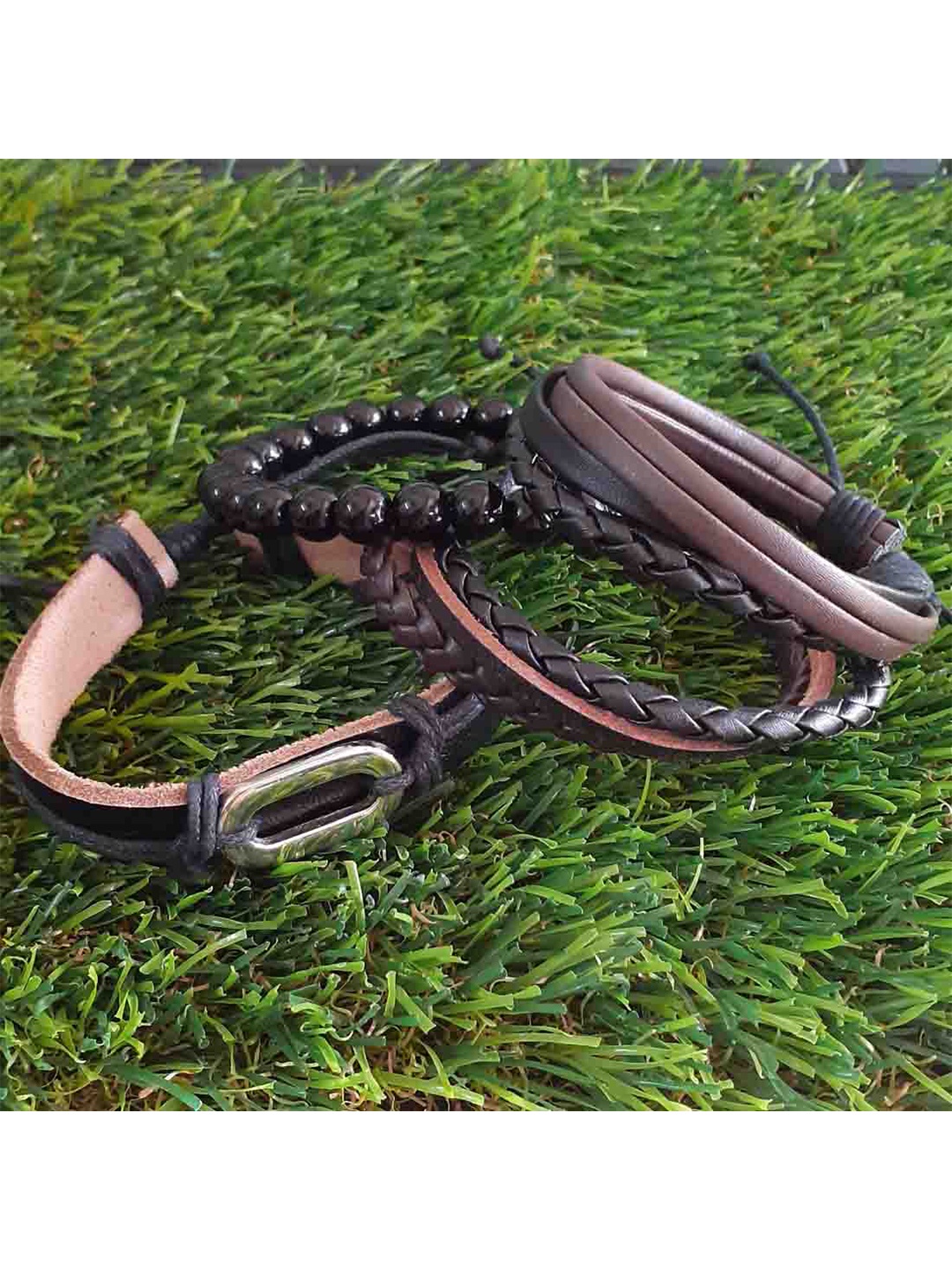 

RICH AND FAMOUS Men Set Of 4 Black & Brown Leather Wraparound Bracelet