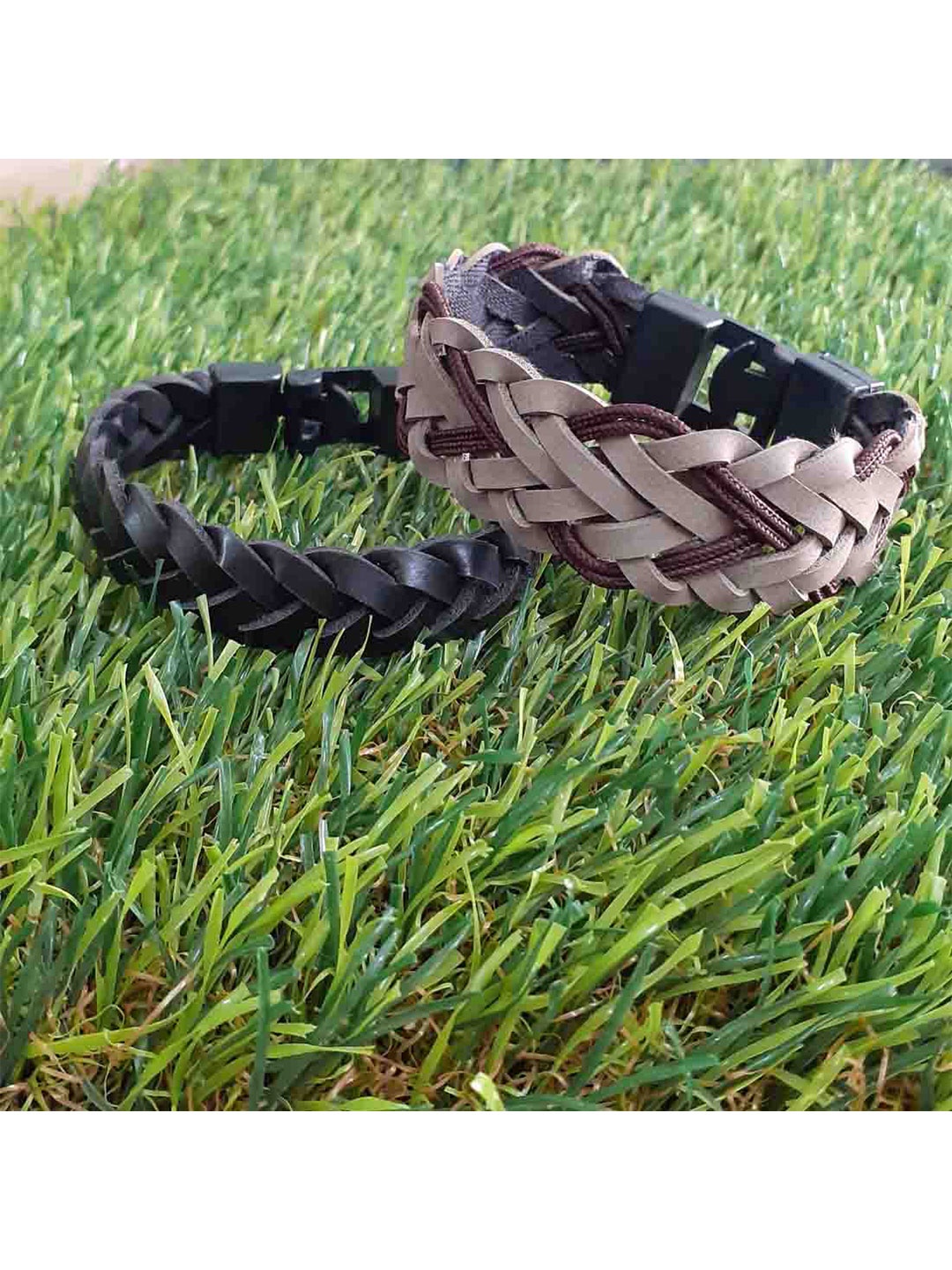 

RICH AND FAMOUS Men Set Of 2 Black & Brown Leather Wraparound Bracelet