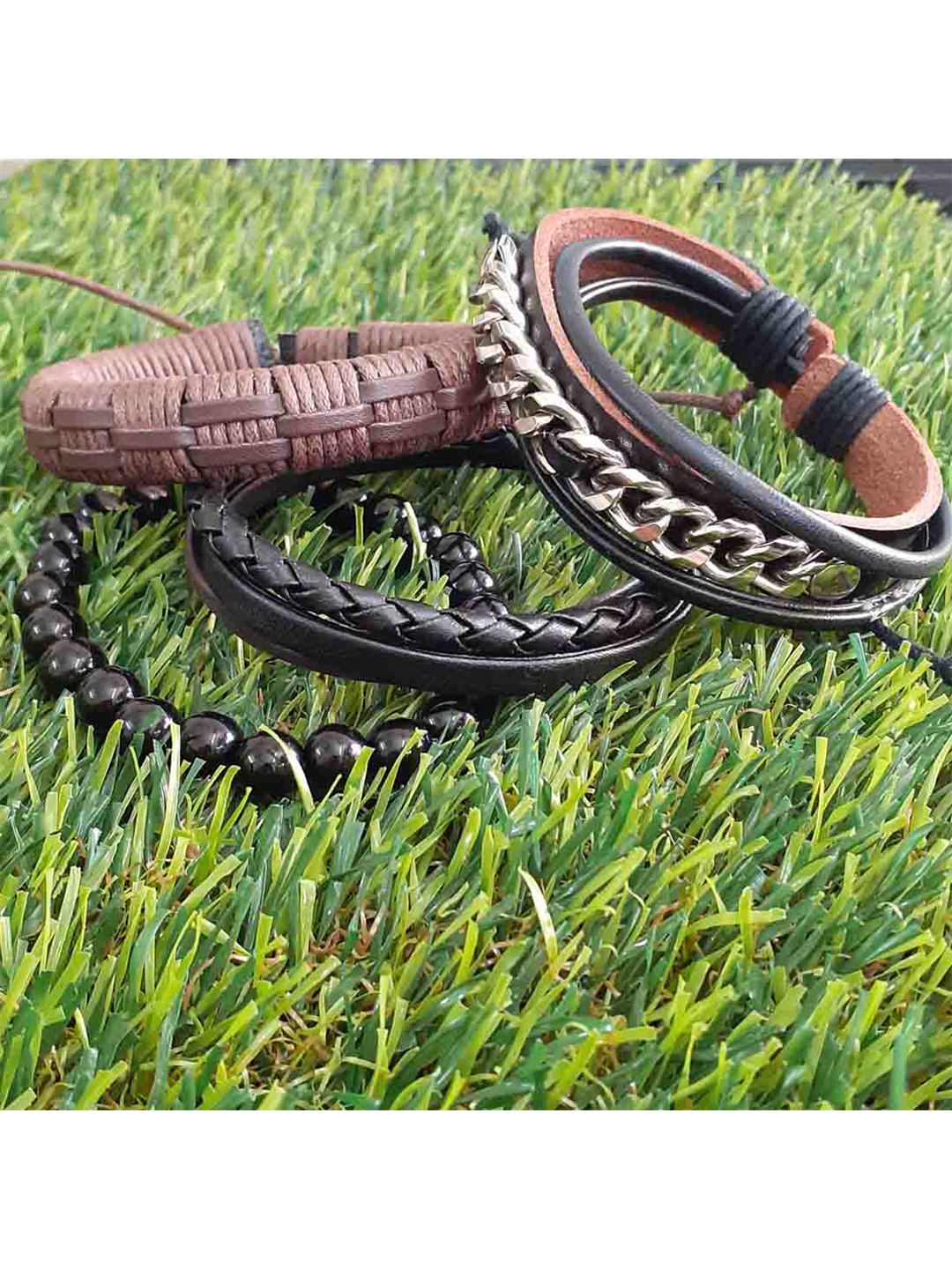 

RICH AND FAMOUS Men Set Of 4 Black & Brown Leather Wraparound Bracelet