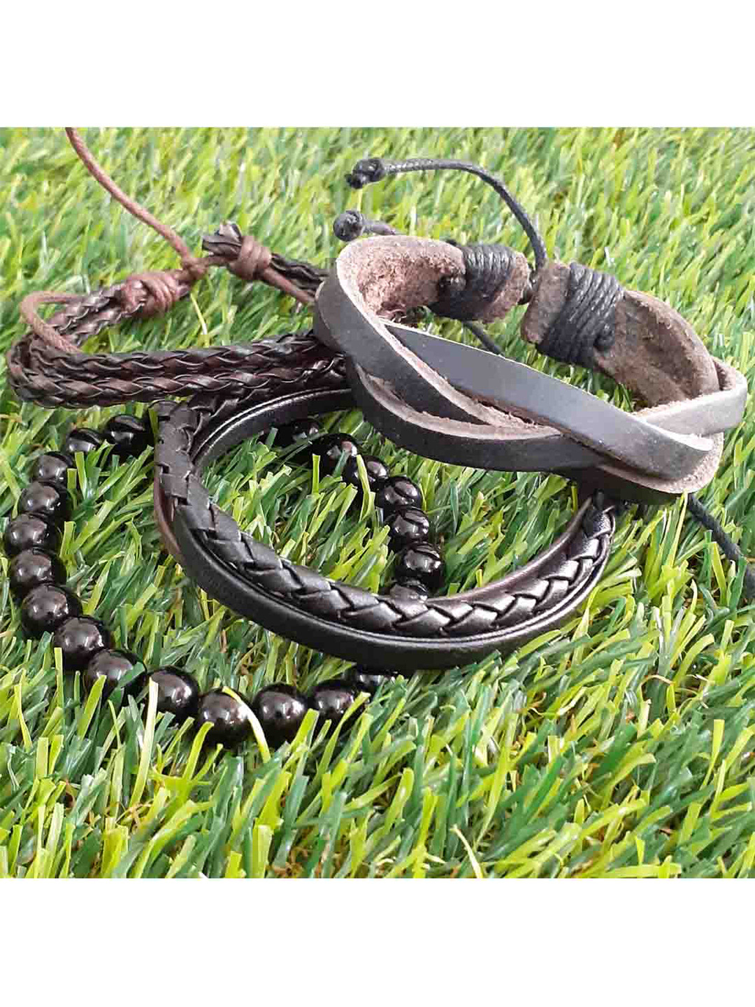 

RICH AND FAMOUS Men Set Of 4 Leather Wraparound Bracelet, Black