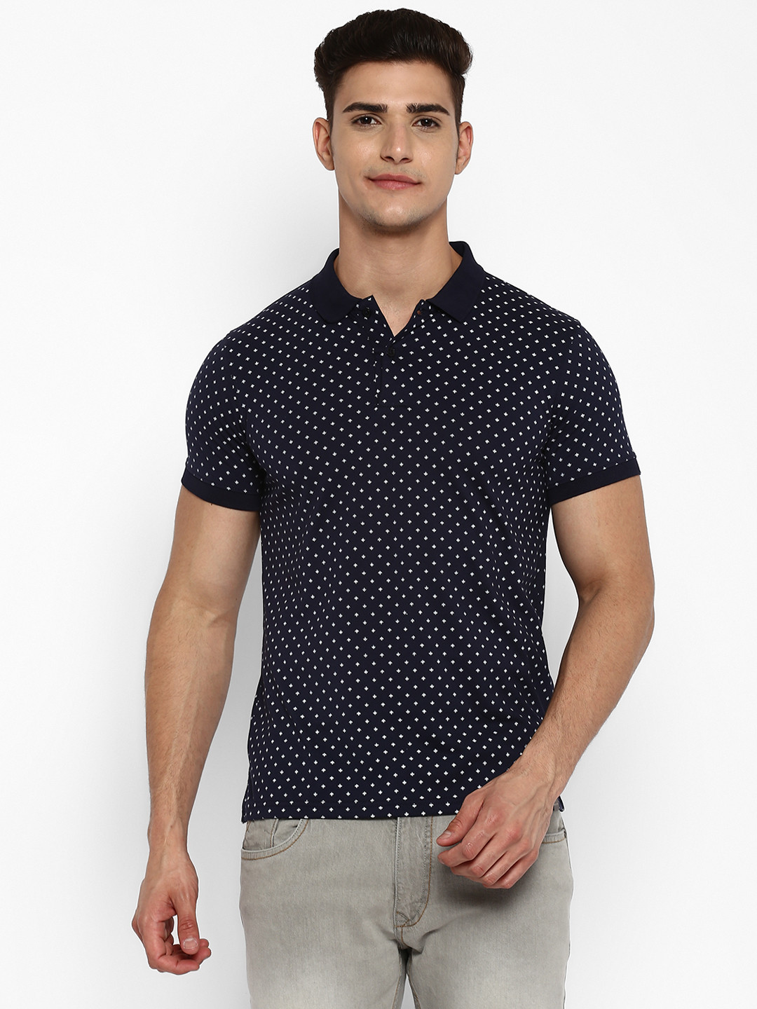 

Red Chief Men Navy Blue Polka Dot Printed Polo Collar T-shirt