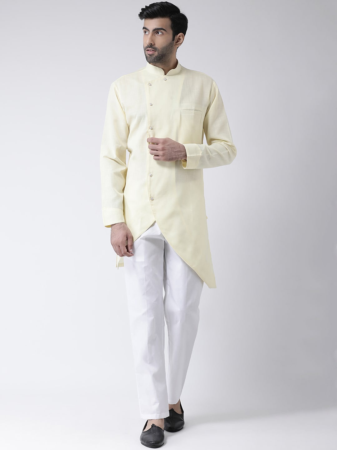 

SG LEMAN Men Yellow Solid Angrakha Raw Silk Kurta With Pyjamas