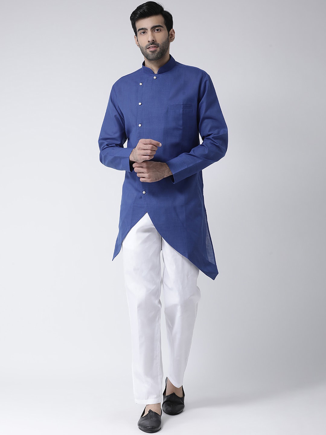 

SG LEMAN Men Blue Angrakha Raw Silk Kurta with Trousers