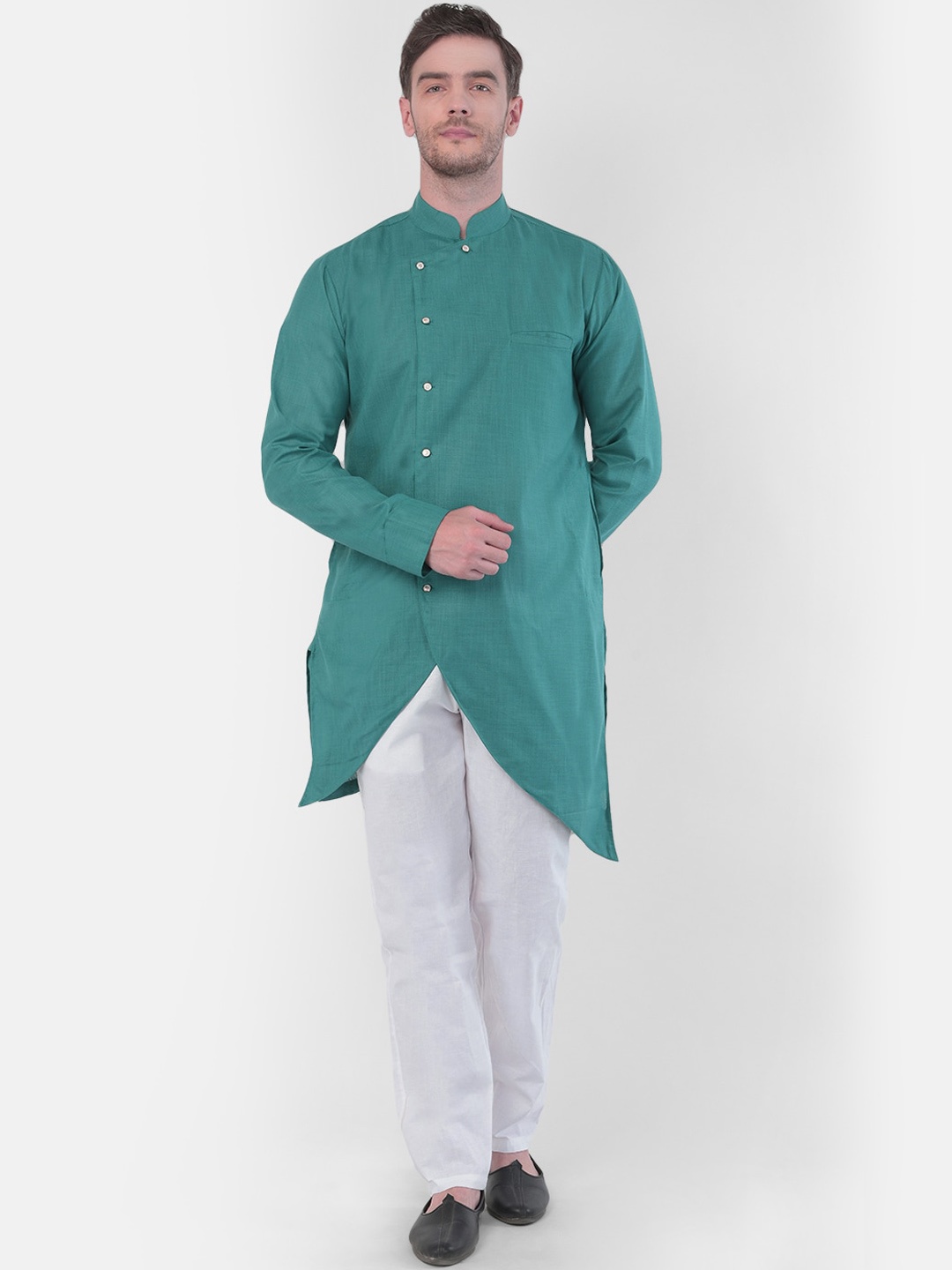 

SG LEMAN Green Angrakha Raw Silk Kurta with Pyjamas