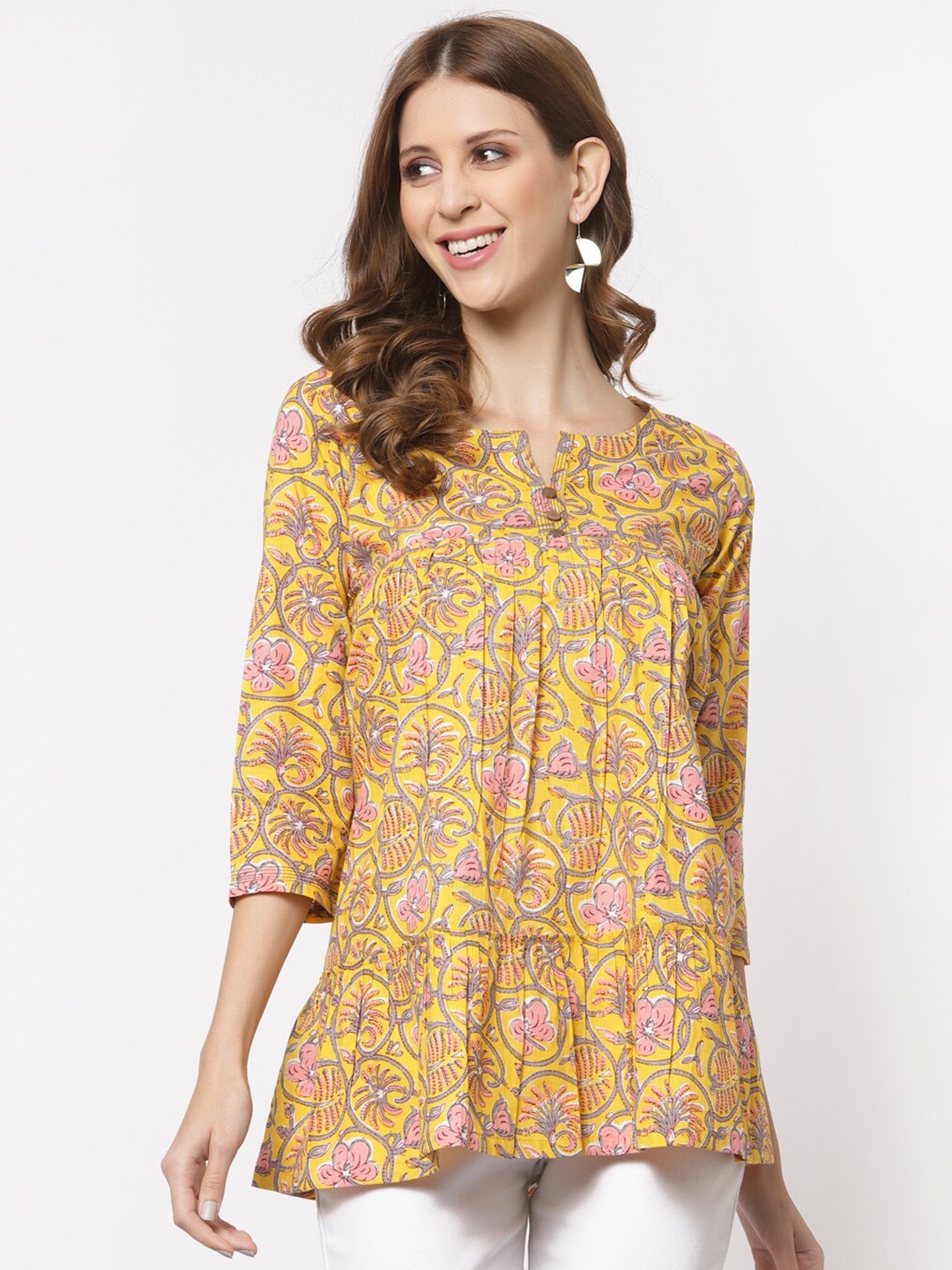 

KAMI KUBI Yellow & Pink Print Tiered Cotton Top