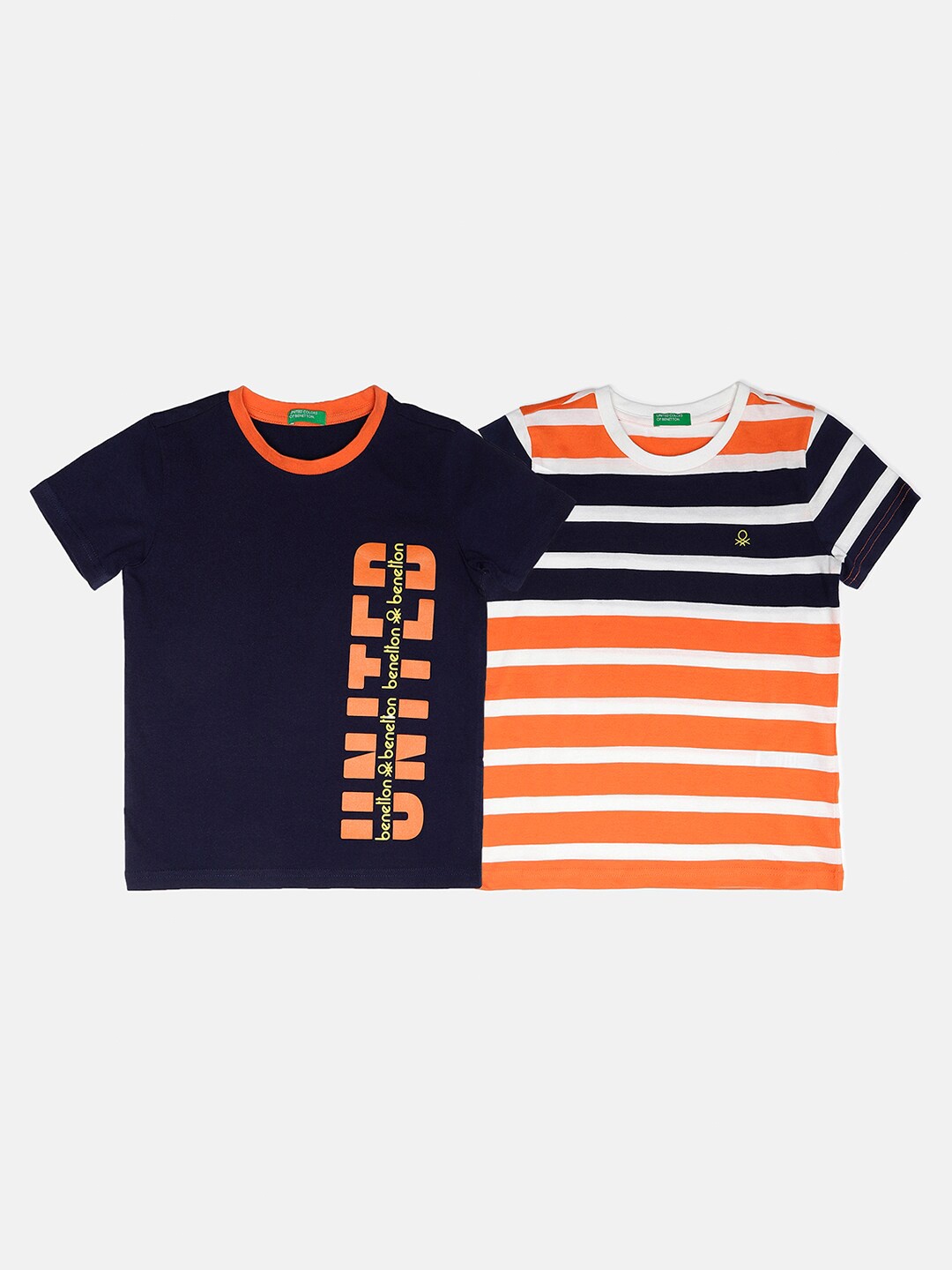 

United Colors of Benetton Boys Navy Blue & Orange Striped Applique T-shirt