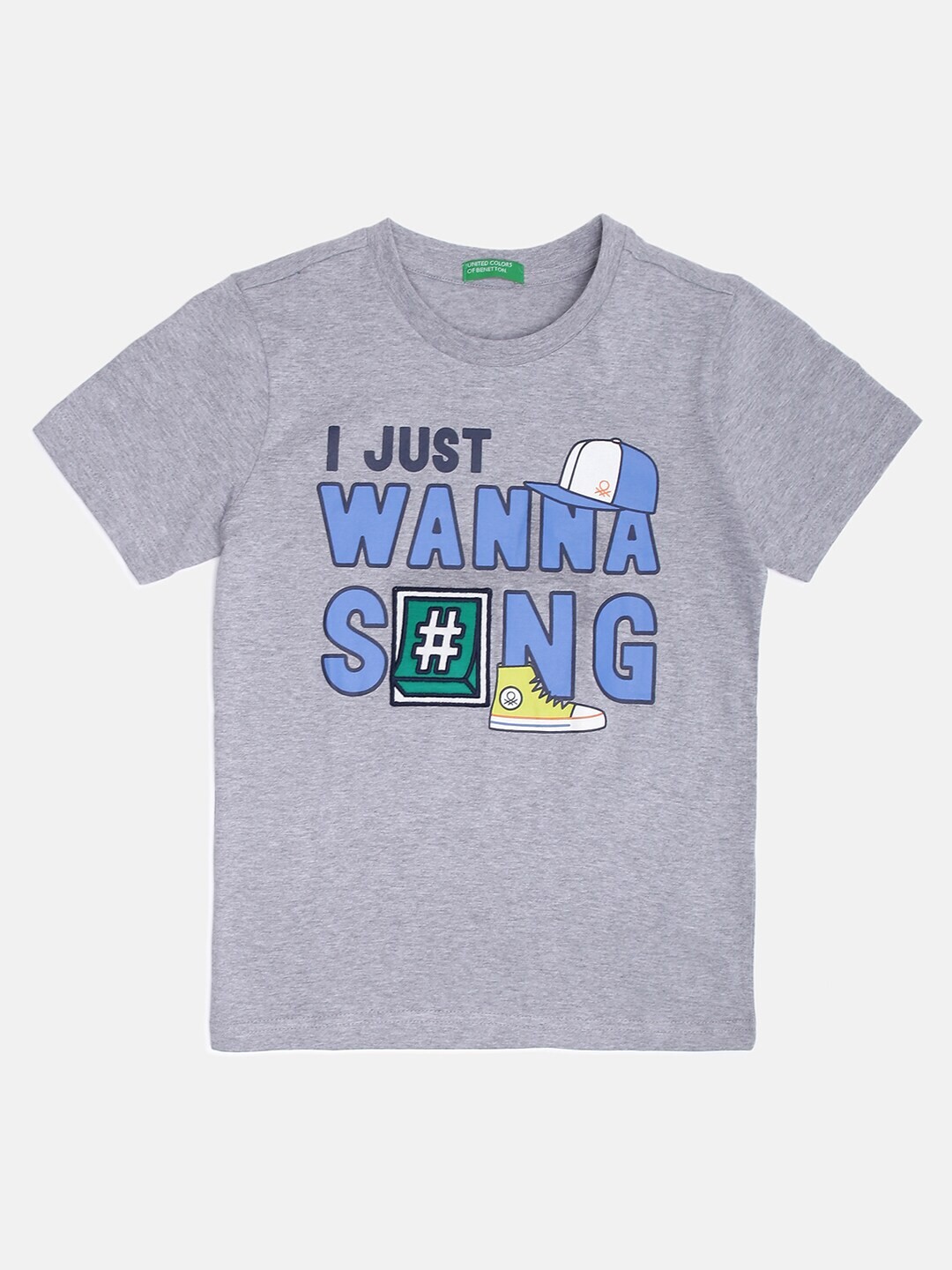 

United Colors of Benetton Boys Grey Typography Printed Cotton T-shirt
