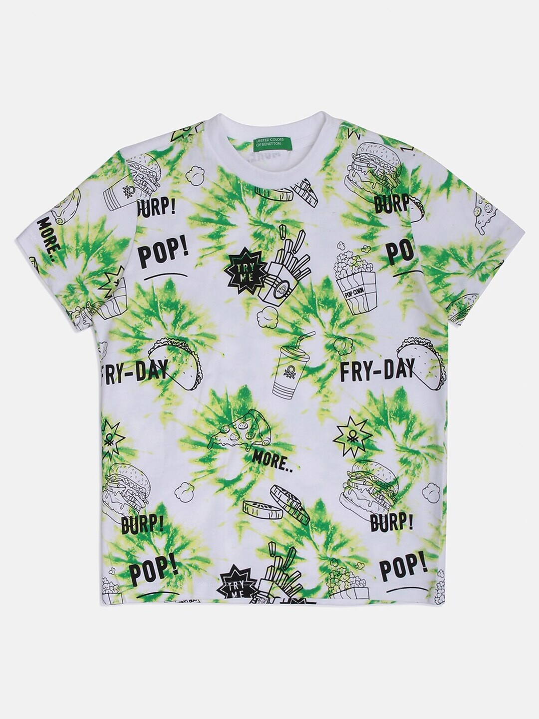 

United Colors of Benetton Boys White & Green Printed Cotton T-shirt