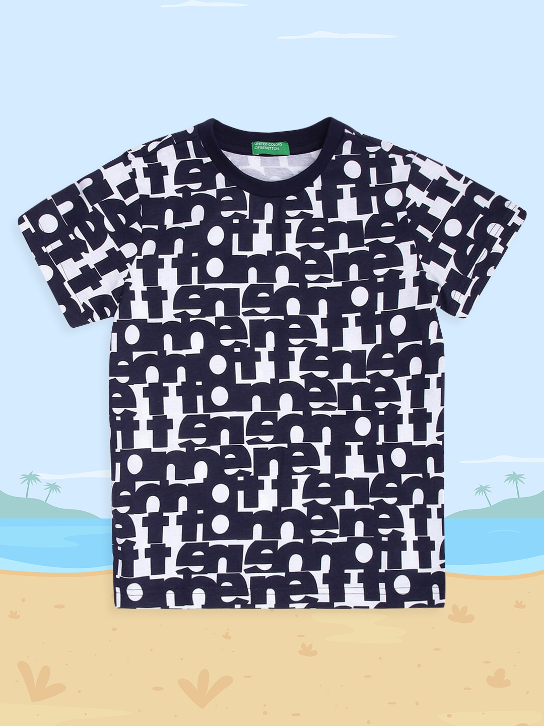 

United Colors of Benetton Boys Navy Blue & White Typography Printed Cotton T-shirt
