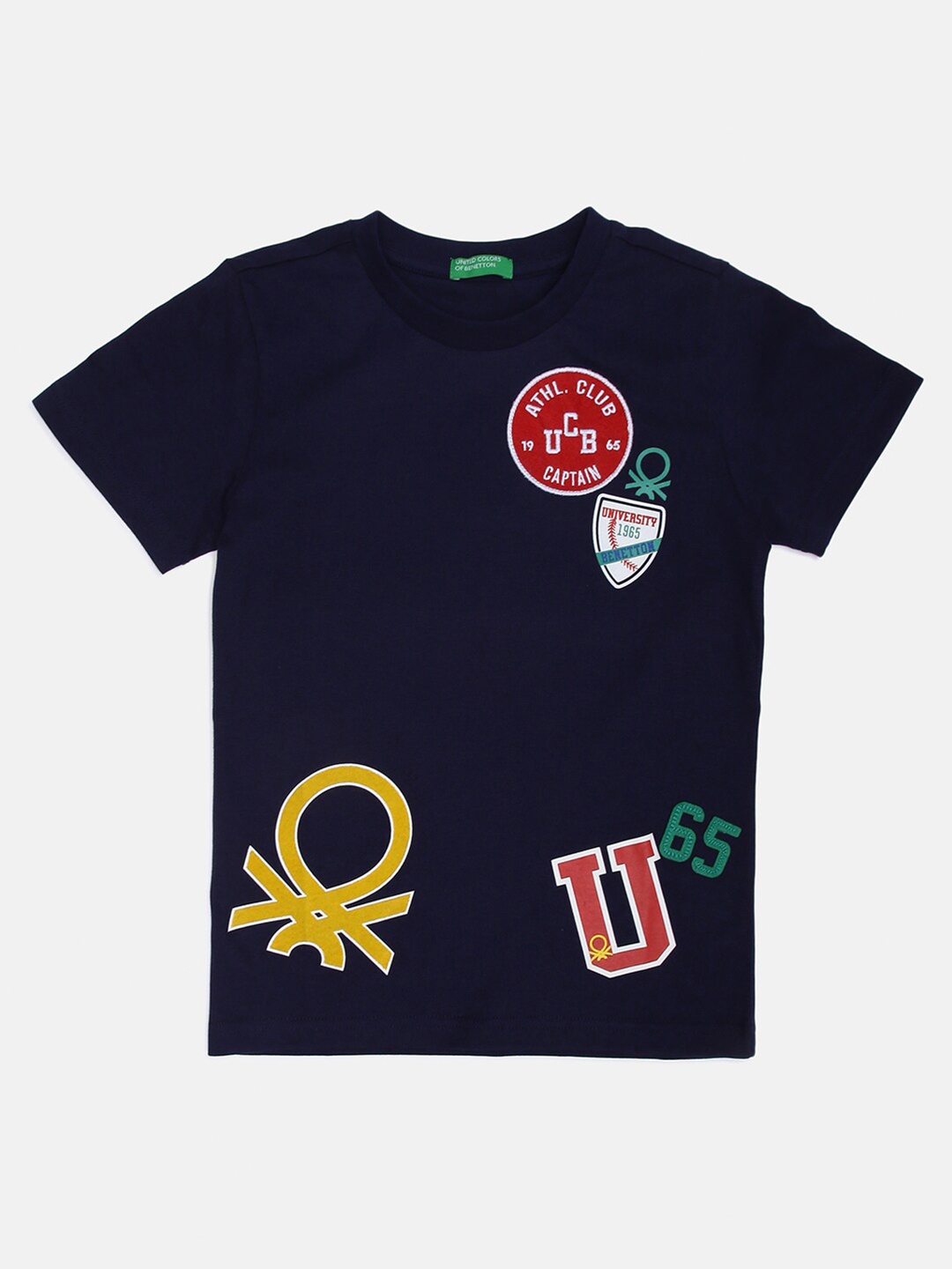 United Colors of Benetton Boys Navy Blue & Yellow Printed T-shirt
