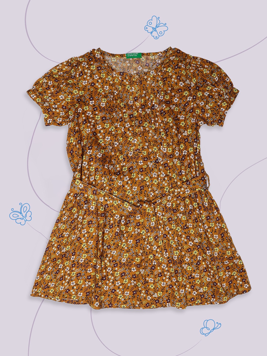 

United Colors of Benetton Brown & Yellow Floral Printed A-Line Dress
