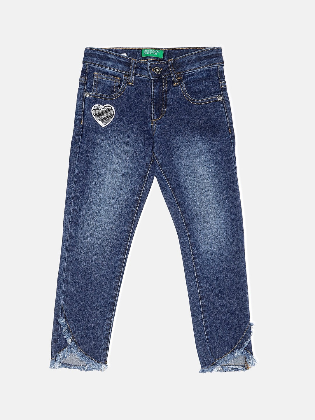 

United Colors of Benetton Girls Navy Blue Slim Fit Low-Rise Low Distress Light Fade Jeans