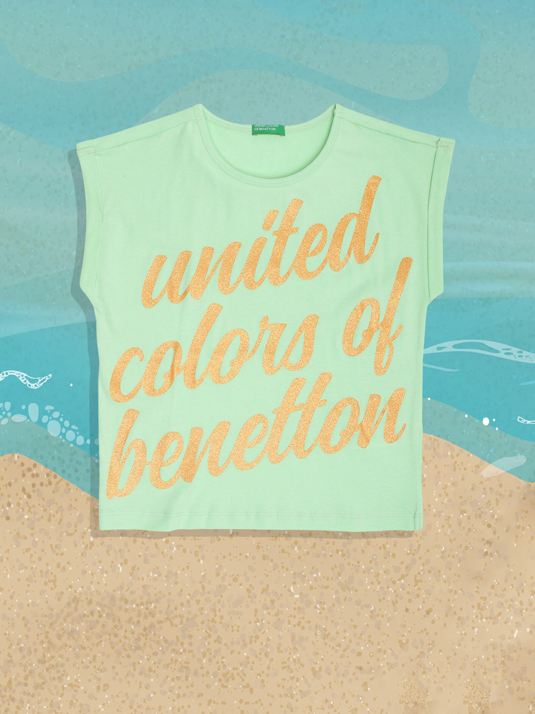 

United Colors of Benetton Girls Green Typography Printed Cotton T-shirt