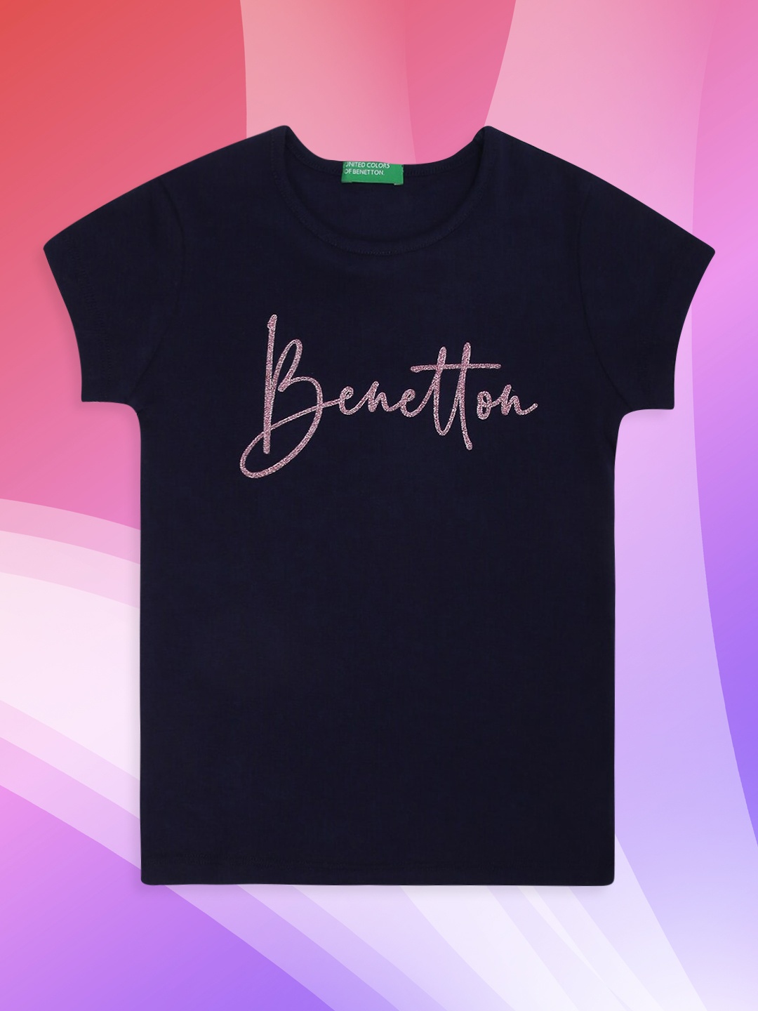 

United Colors of Benetton Girls Navy Blue & Pink Typography Printed Cotton T-shirt