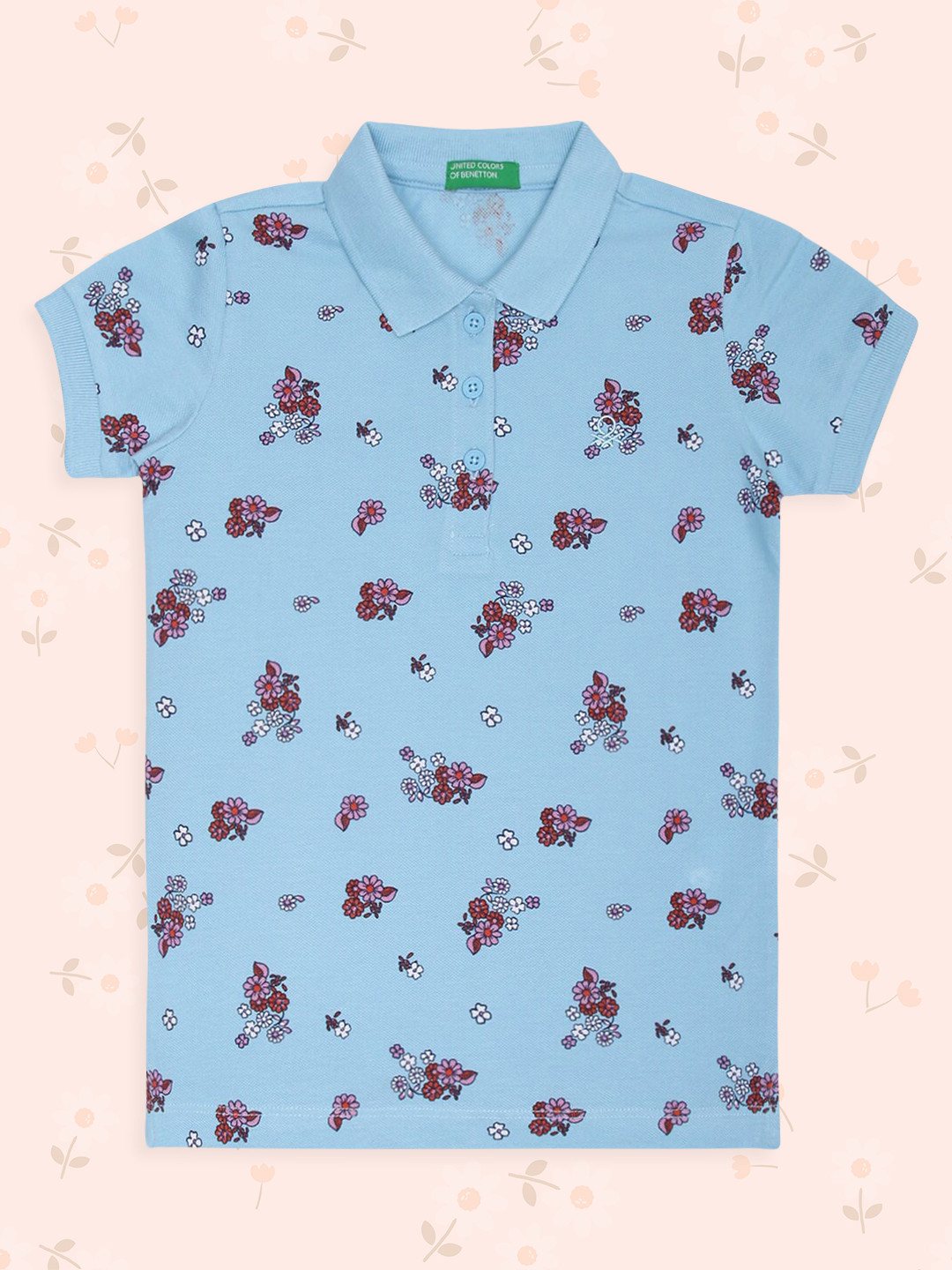 

United Colors of Benetton Girls Blue & Pink Printed Polo Collar T-shirt