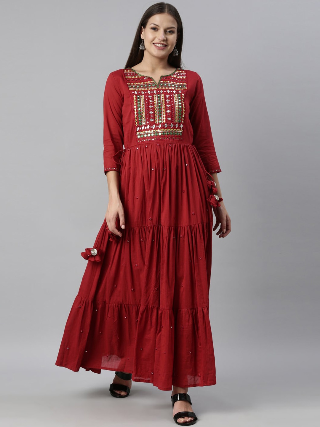 

Neerus Women Maroon Ethnic Motifs Embroidered Keyhole Neck Cotton Anarkali Kurta