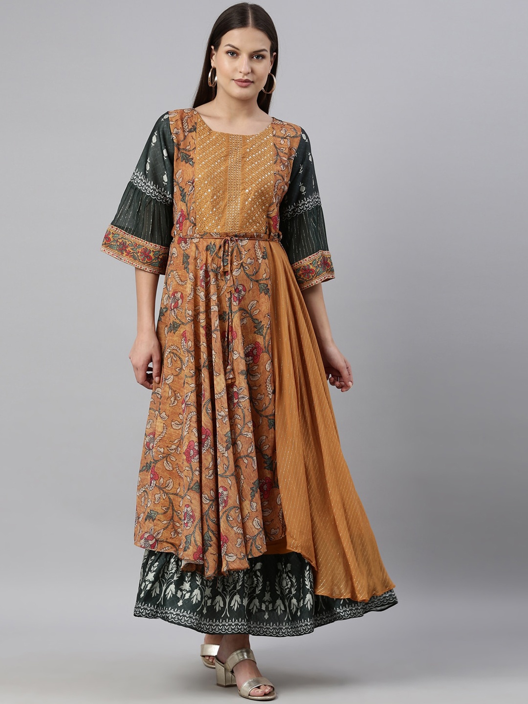 

Neerus Women Mustard Yellow Ethnic Motifs Printed Sequinned Anarkali Kurta