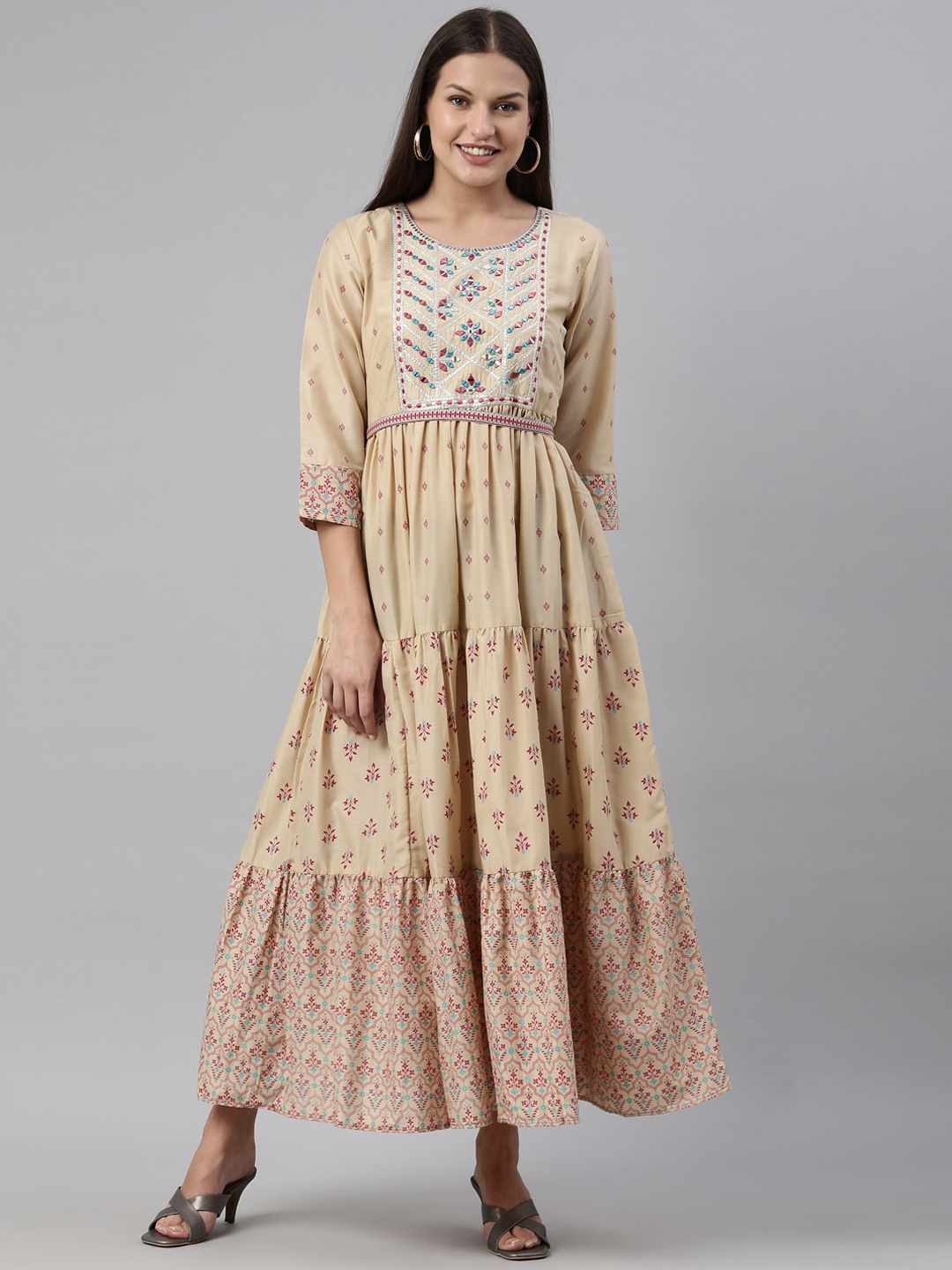 

Neerus Women Beige Ethnic Motifs Printed Mirror Work Anarkali Kurta