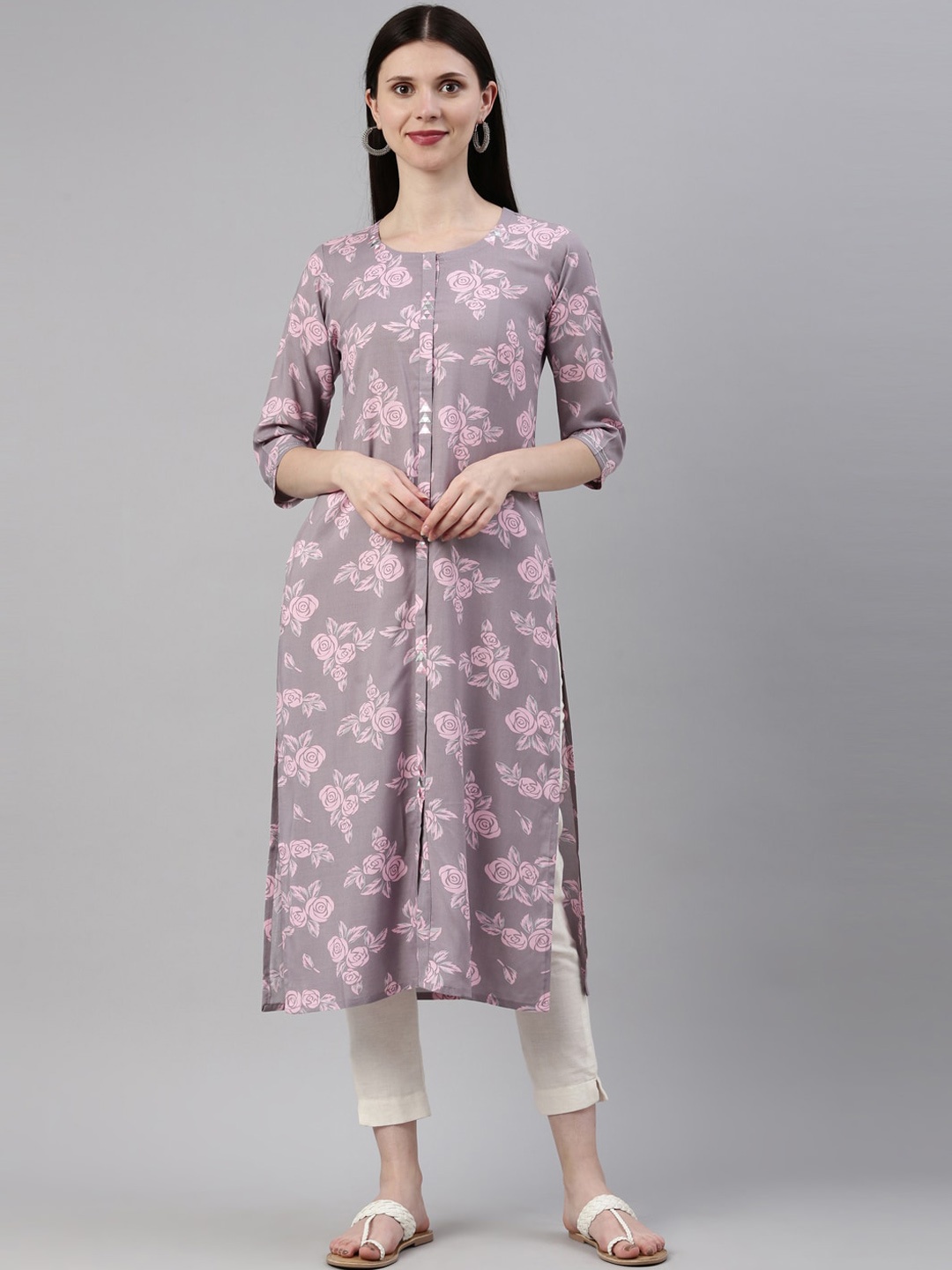 

Neerus Mauve Floral Screen Print Floral Kurta