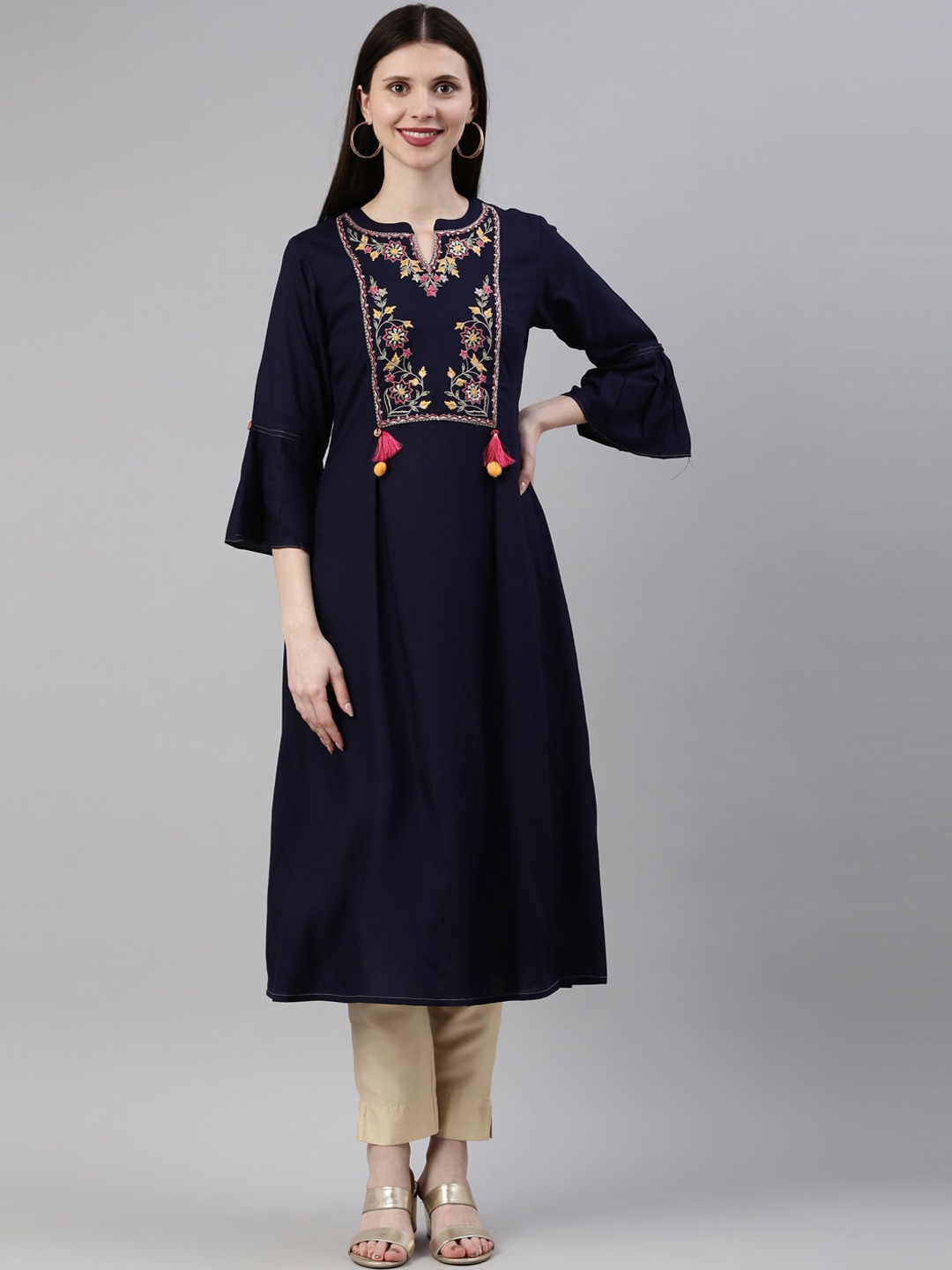 

Neerus Navy Blue Floral Embroidered Flared Sleeves Floral Kurta