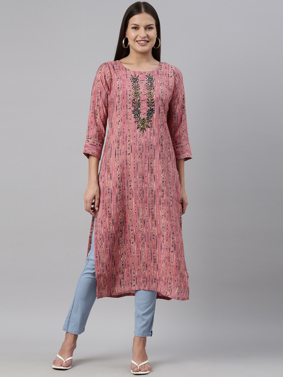 

Neerus Women Pink Geometric Printed Mirror Work Georgette Kurta