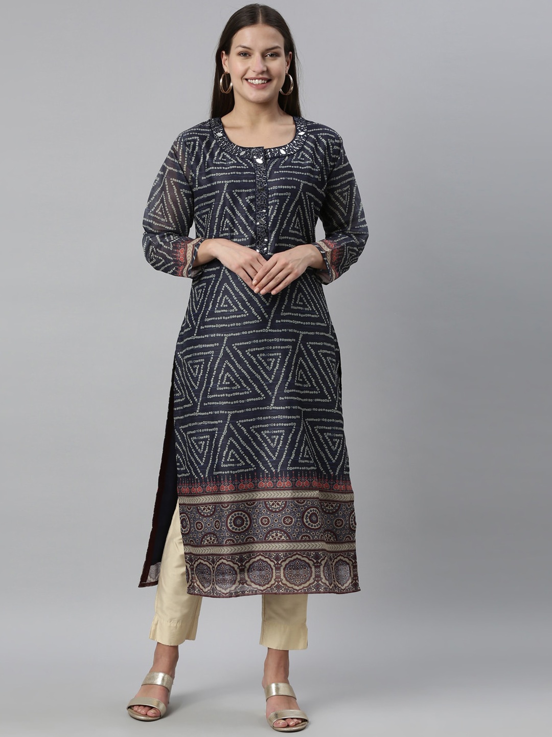 

Neerus Blue Geometric Printed Kurta