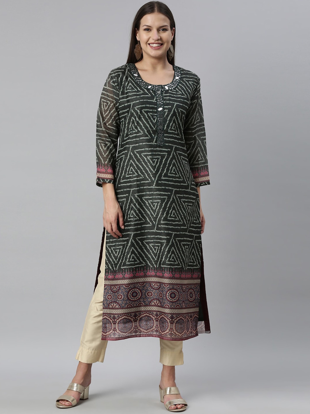 

Neerus Women Green Bandhani Printed Mirror Work Kurta