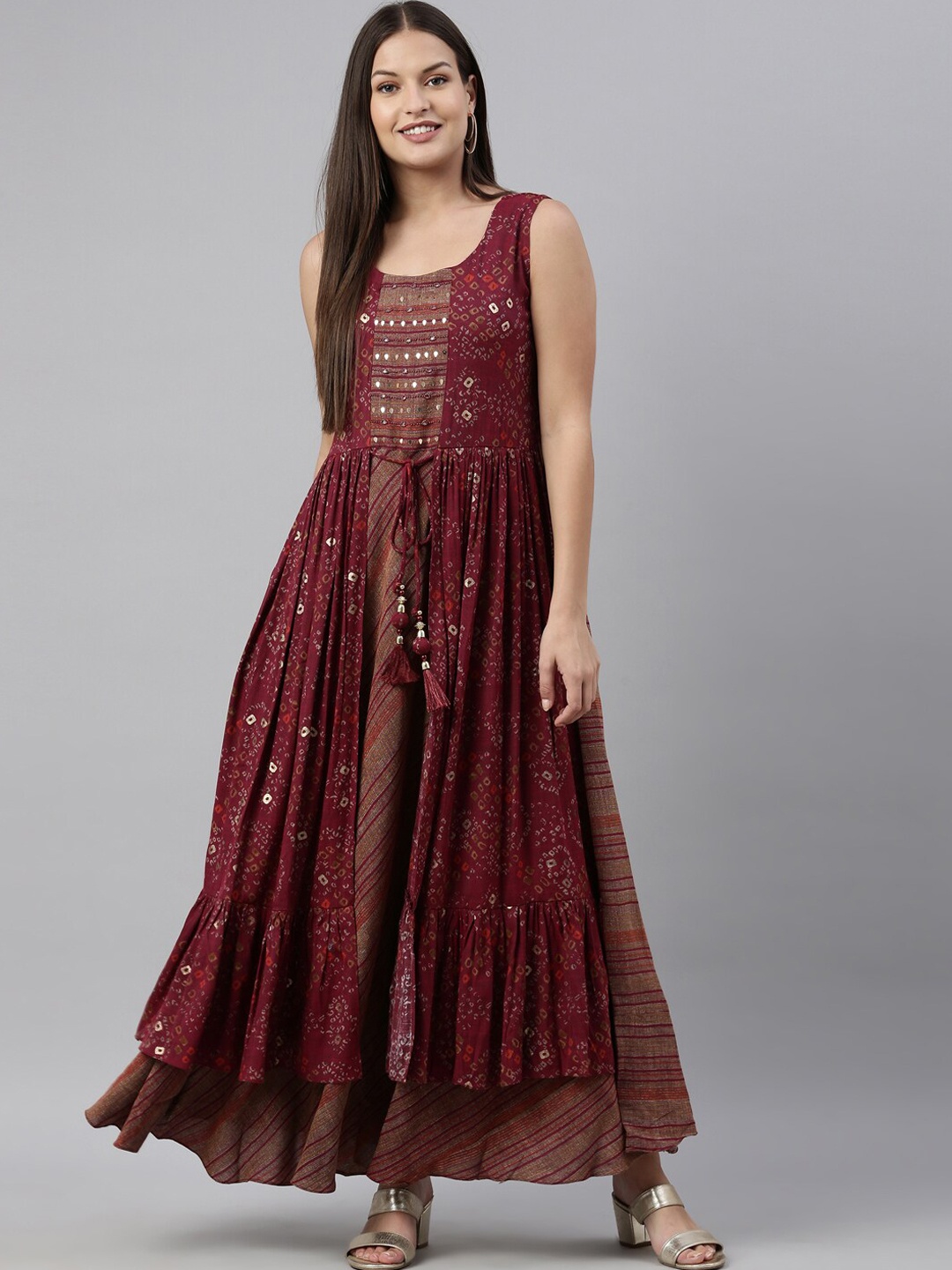 

Neerus Red Embroidered Thread Work Anarkali Kurta