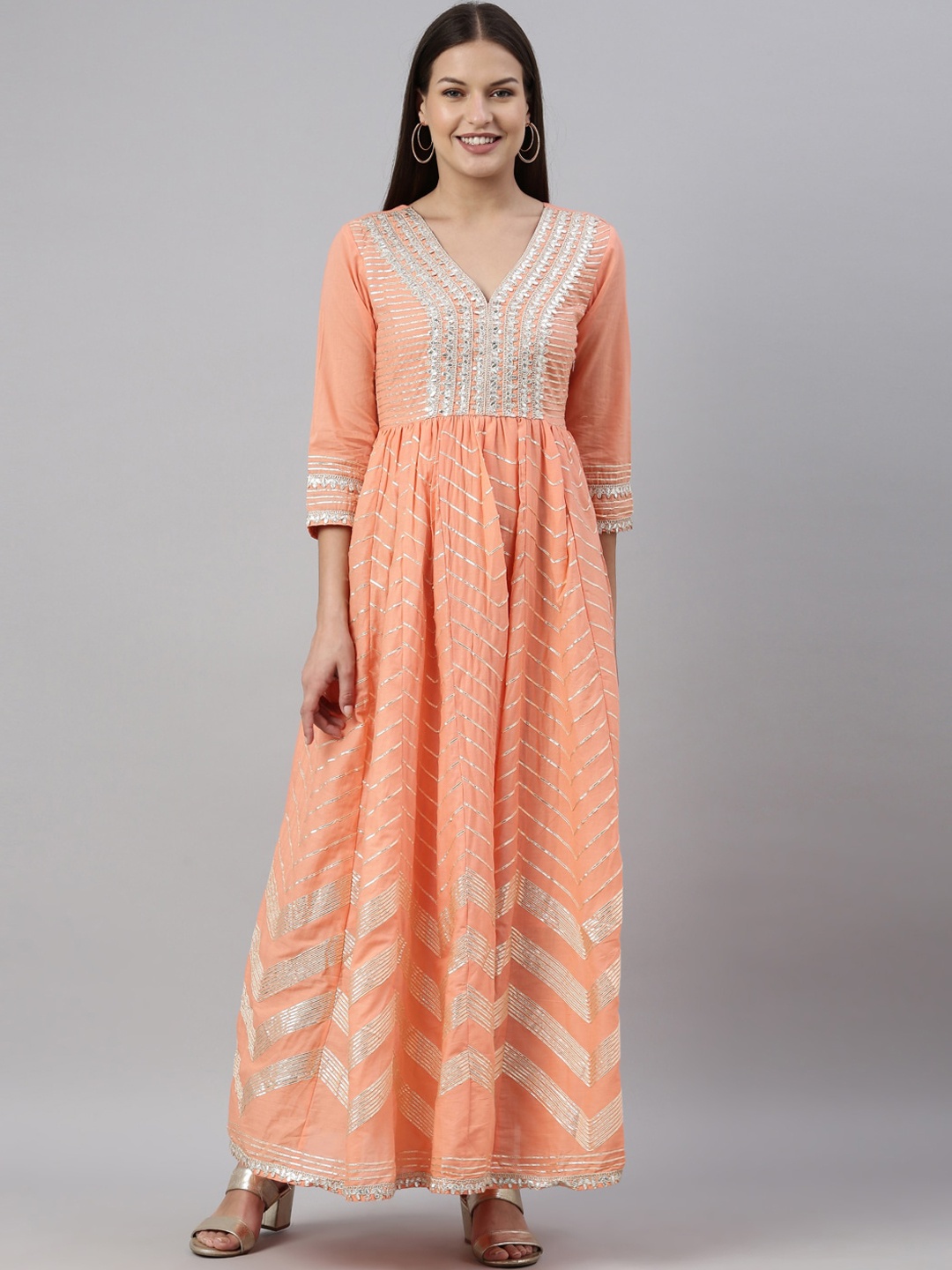 

Neerus Peach-Coloured Geometric Gotta Patti Anarkali Kurta